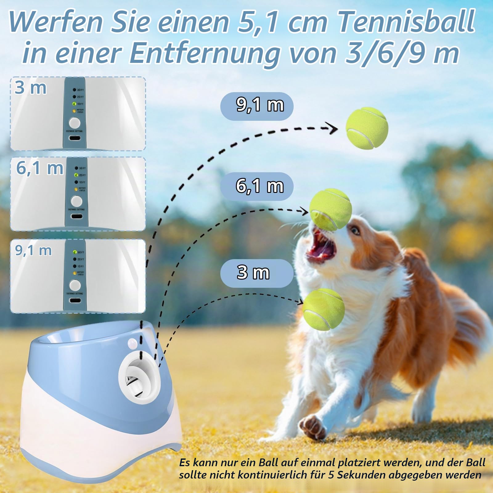 HAMON Automatischer Ballwerfer für Hunde, Ballwurfmaschine Hund mit 6 Pcs Tennisbälle, Interaktive Ballmaschine für Kleine und Mittlere Hunde, Wurfweite zwischen 10-30 FT