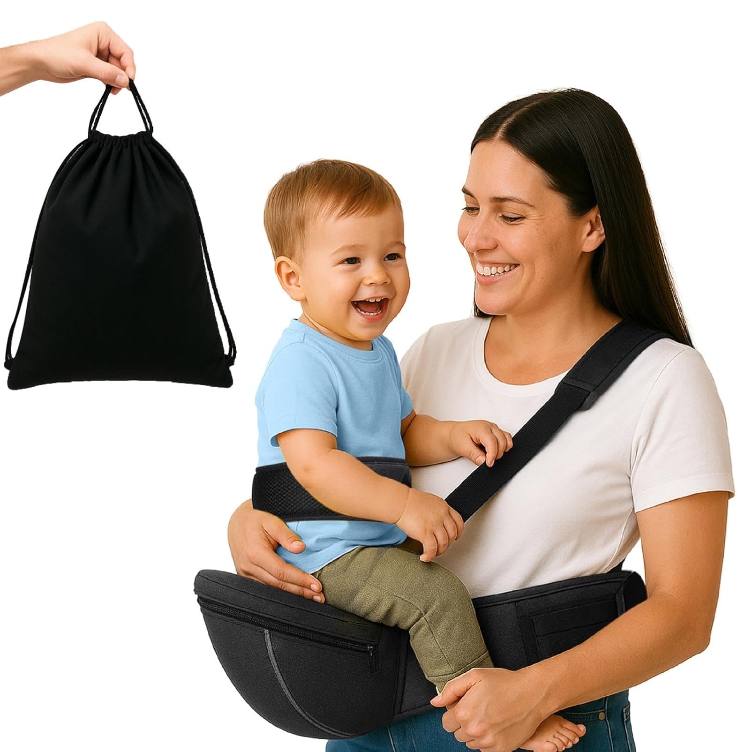 Baby Carrier with Hip Seat – Adjustable Waistband, Safety Harness & Storage Pockets – Detachable Shoulder Strap – Foldable Design for Newborns & Toddlers – Comfortable & Compact