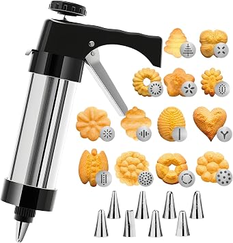 Stainless Steel Cookie Press Gun with 13 Discs & 8 Icing Nozzles, Baking Tools Set, for Effortless Cookie Making and Frosting Decoration