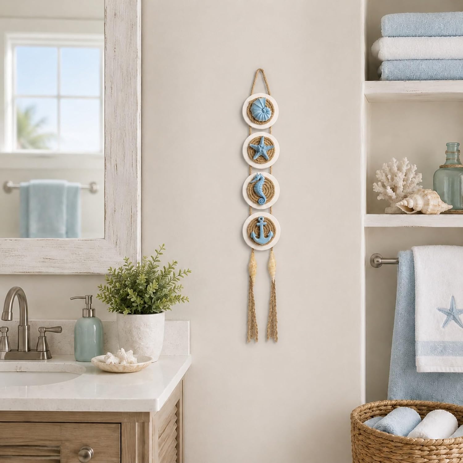 flangairy Beach Decor, 3D Seashell Starfish Coastal Bathroom Wall Hanging