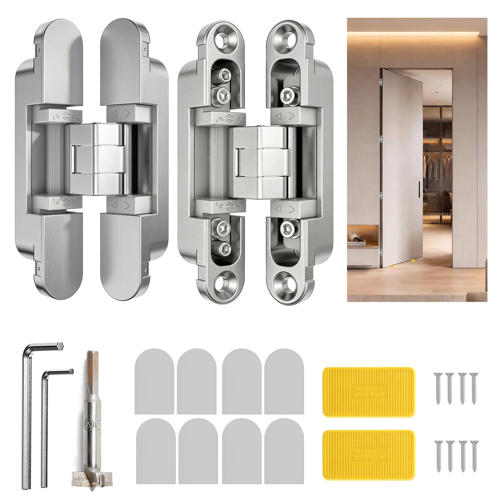 Lipshome 3" Hidden Door Hinge, Concealed Hinges 180° Swing for Hidden Doors