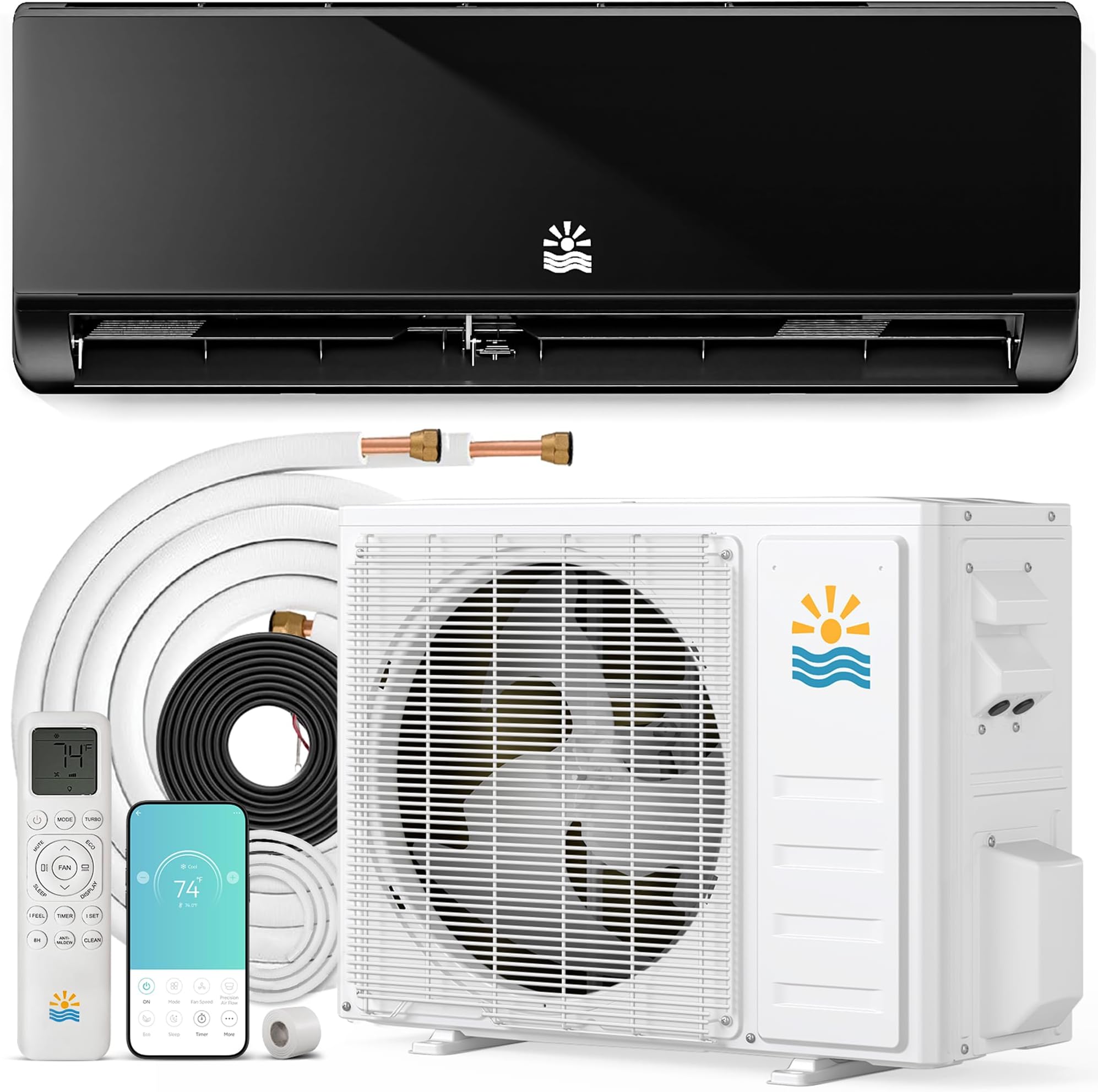 Mini Split Ac/Heating System, 12000 BTU Wifi Mini Split Air Conditioner Inverter with Heat Pump, 115V 20 SEER2 Energy Efficient Ac Units Up to 750 Sq.Ft, 24H Timer, Installation Kit Black