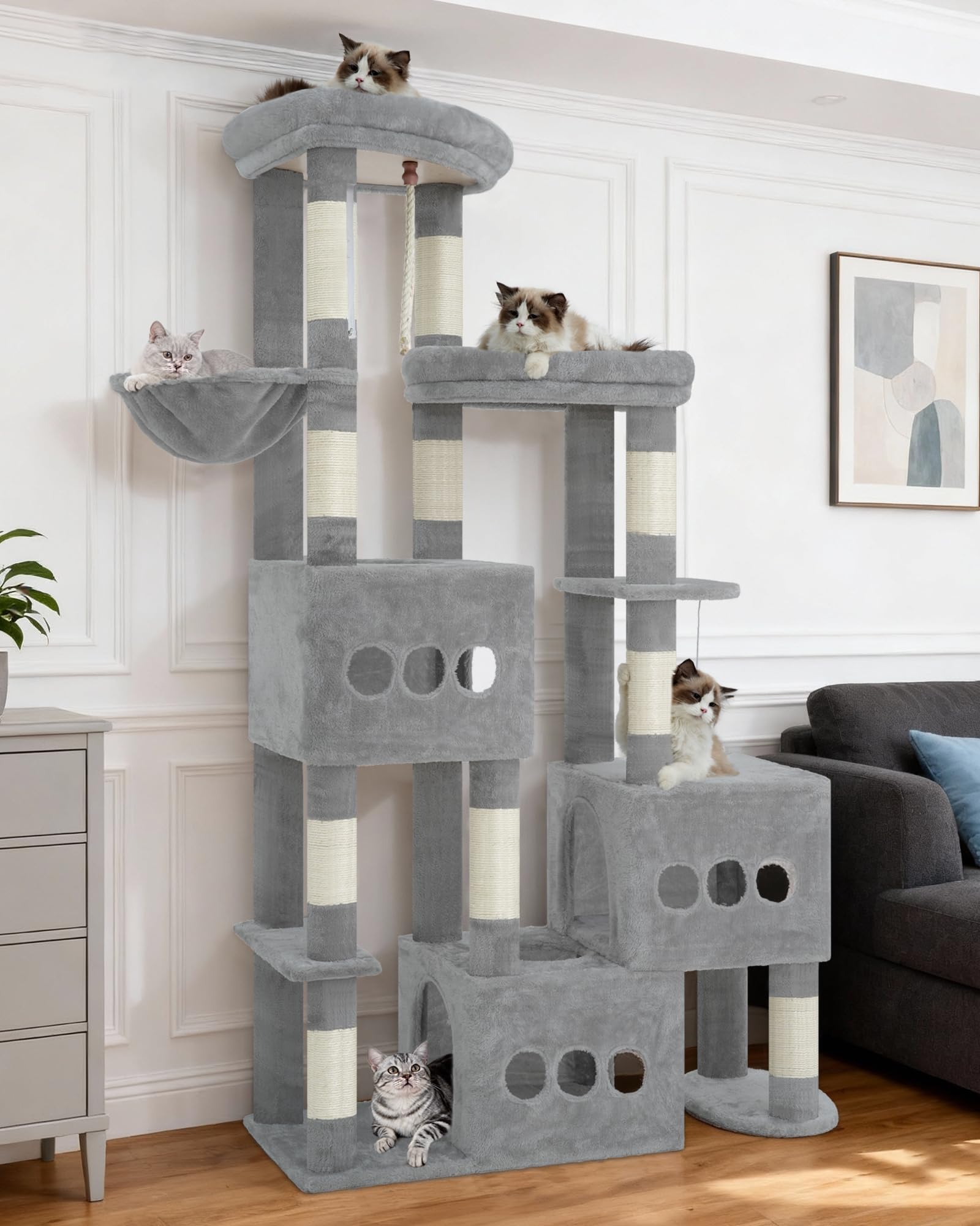 Gitelsnour Kratzbaum 182 cm stabil für Mehrkatzenhaushalt, XXL Katzenbaum mit 3 großen Katzenhöhlen (40x40 cm), 3 Plattformen, Korb und 10 Kratzsäulen, kippsicher, Hellgrau GCT036W