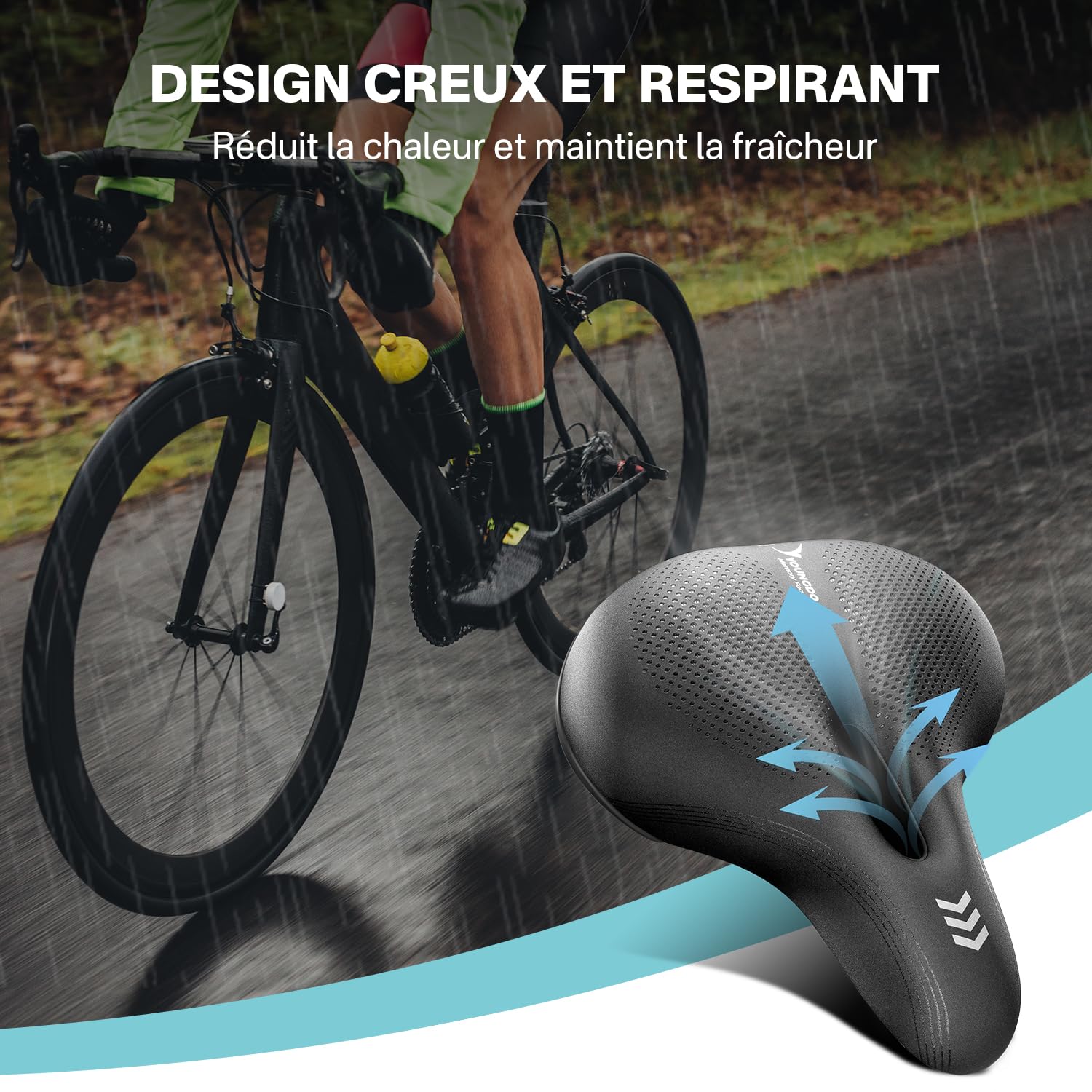 YOUNGDO Selle de Velo Ultra Confortable, Selle Vélo Étanche Améliorée, Selle Velo Confortable, avec Design Ergonomique, Doux, Respirant, pour Hommes et Femmes