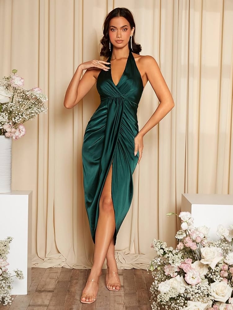 Veautt サテン ワンショルダー ナイトドレスsサイズ ワンショルダー シンプルAライン サテンドレス サックスブルー