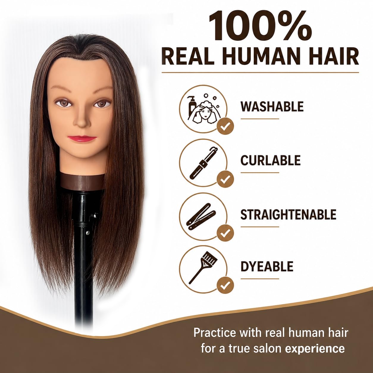 Mannequinkopf mit 100% menschlichem Haar, Echthaar Kosmetologie Mannequinkopf Haar Styling Friseurpraxis Training Puppenkopf mit Klemmhalter 16" Dunkelbraun