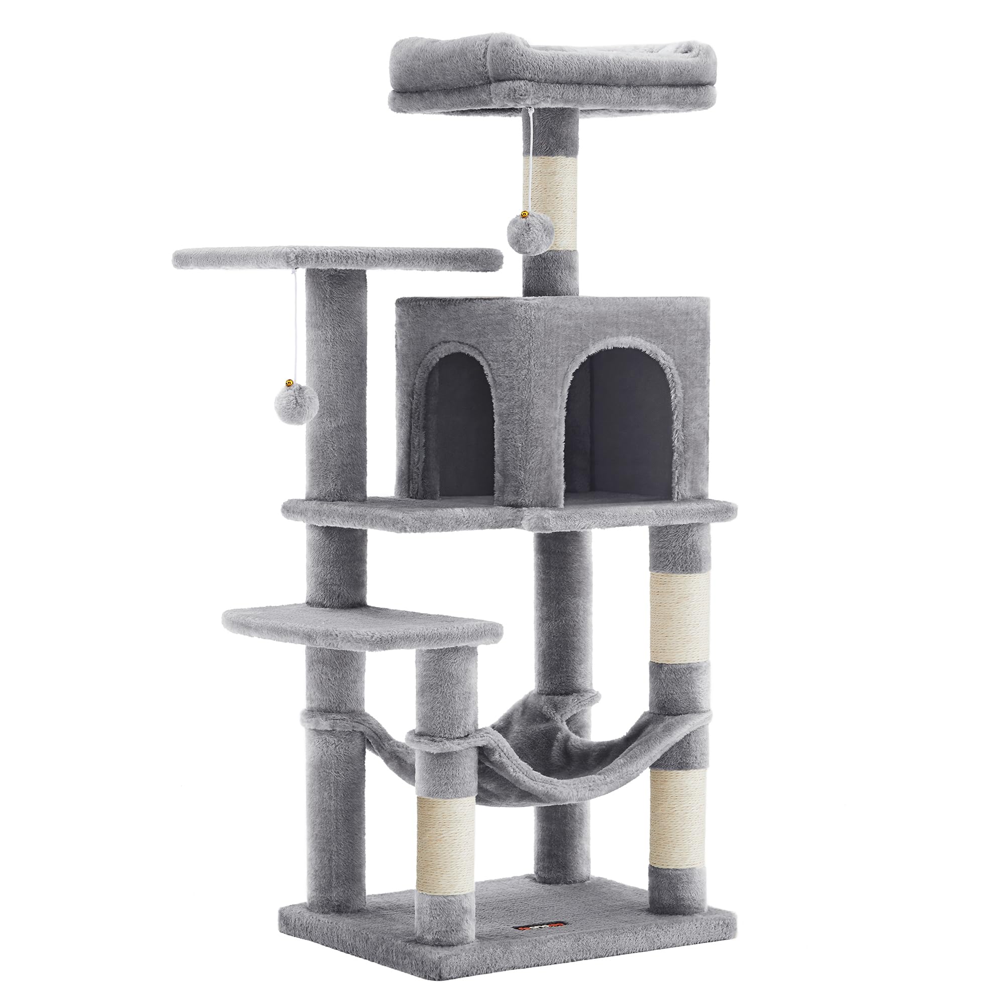 Feandrea Árbol para Gatos, Altura 112 cm, Torre de Gatos, con 4 Postes Rascadores, 2 Plataformas, 1 Cueva, 1 Hamaca, 2 Pompones, Tela de Felpa, Multinivel, Gris Claro PCT261W01