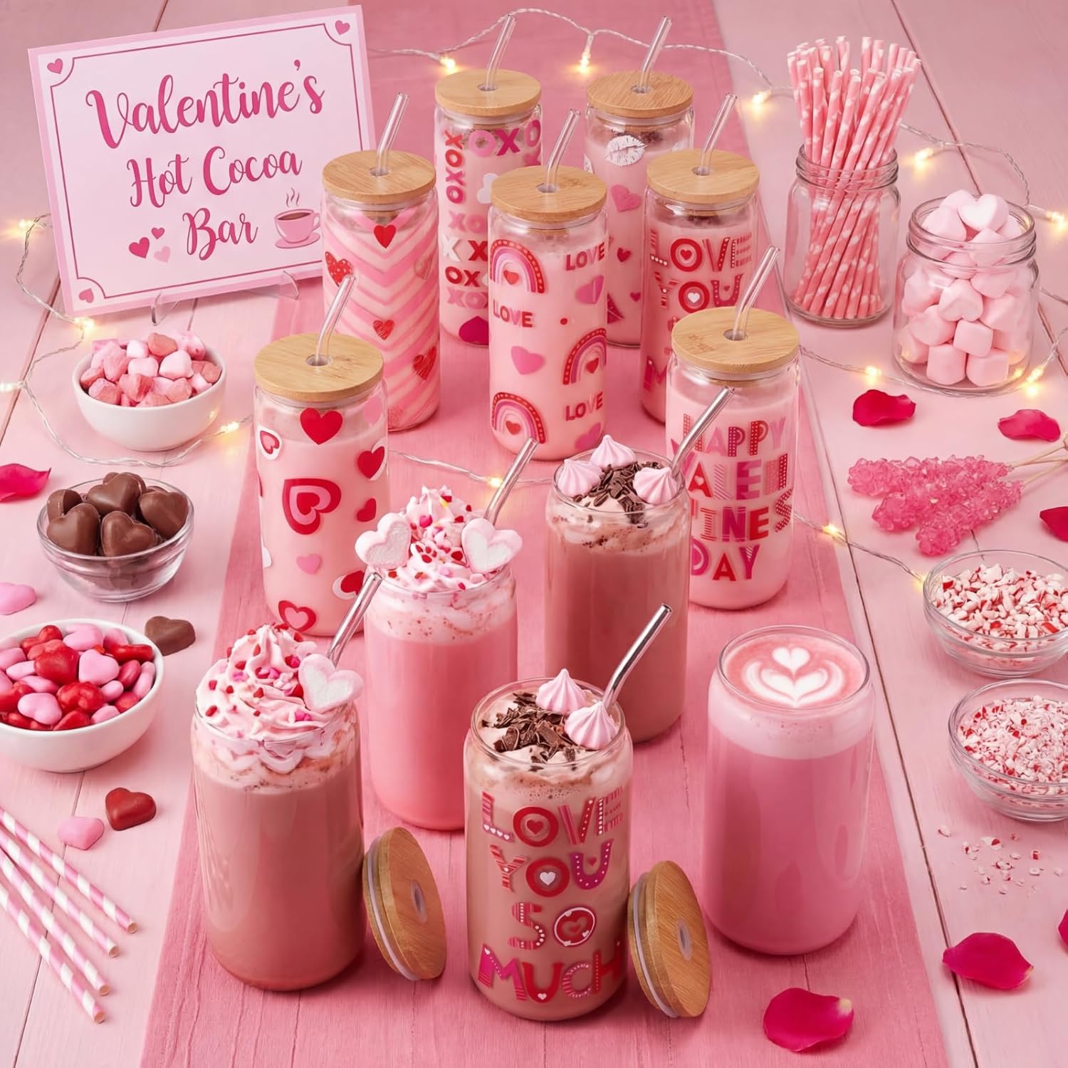 Umigy 8 Pcs 16oz Valentine's Day Glass Tumbler Pink Heart Iced Coffee Cup with Bamboo Lids and Glass Straw Valentine's Day Gift for Her Cute Cup for Anniversary Dinner Party Supplies - Image 7