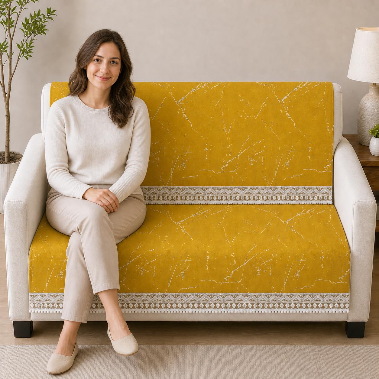 clasiko suede velvet sofa mat 2 seater back & seat | luxe - mustard gold | anti skid & machine washable sofa cover protector