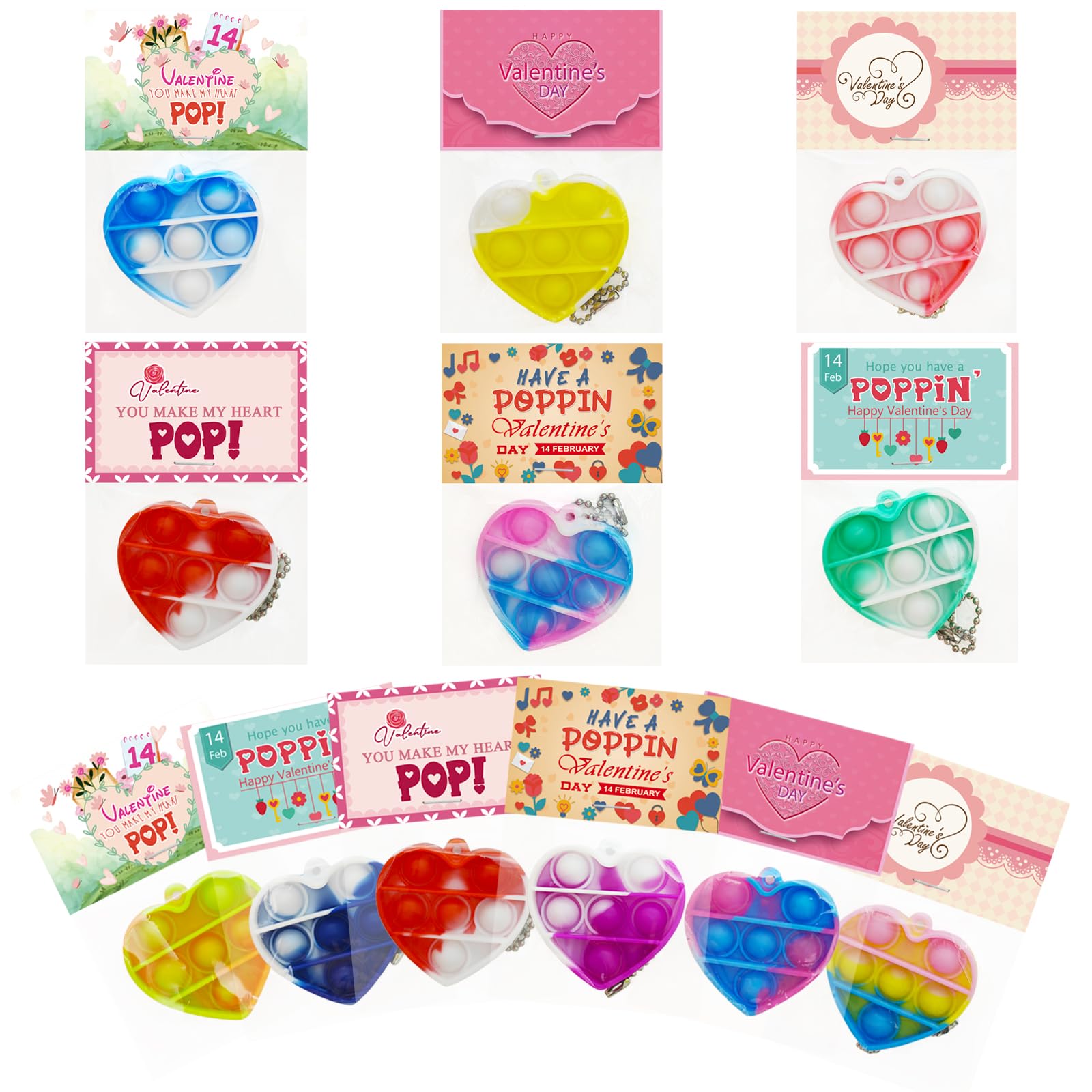 unitedessentialgoods Valentines Day Gifts for Kids, 24PCS Heart Mini Pop Bubble Fidget Toys with 24PCS Cards for Valentines Day, Exchange Cards for Girls Boys Toddlers School Classroom Party Favors