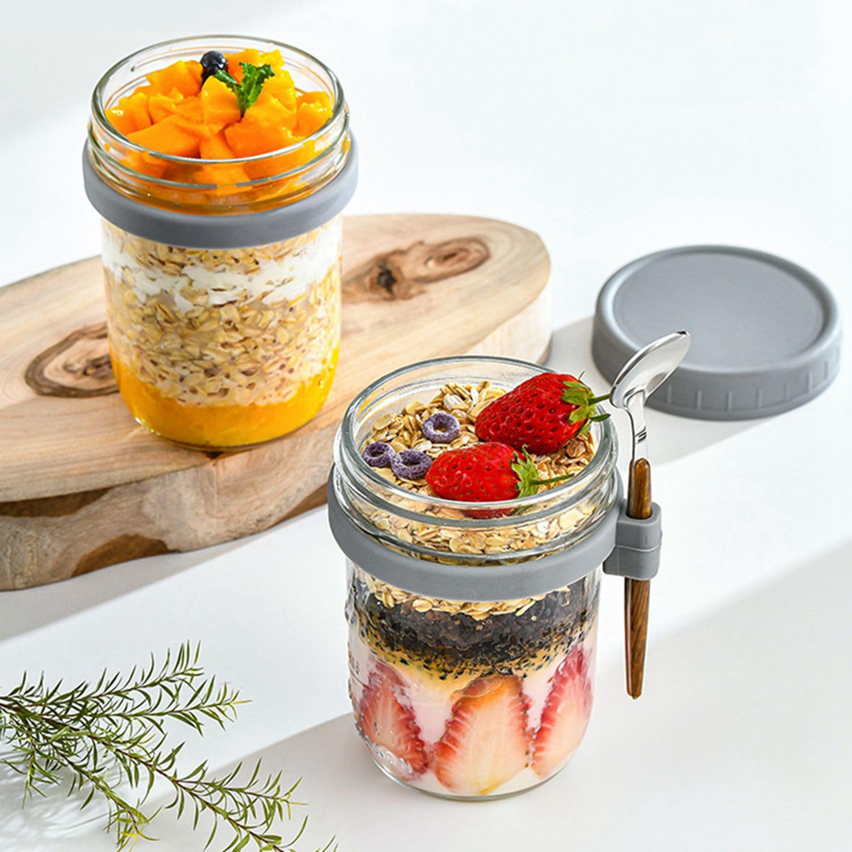 Confezione da 8 Barattoli per Avena Notturna con Coperchi e Cucchiai, Contenitore Riutilizzabile per Avena Notturna in Vetro con Segni di Misurazione