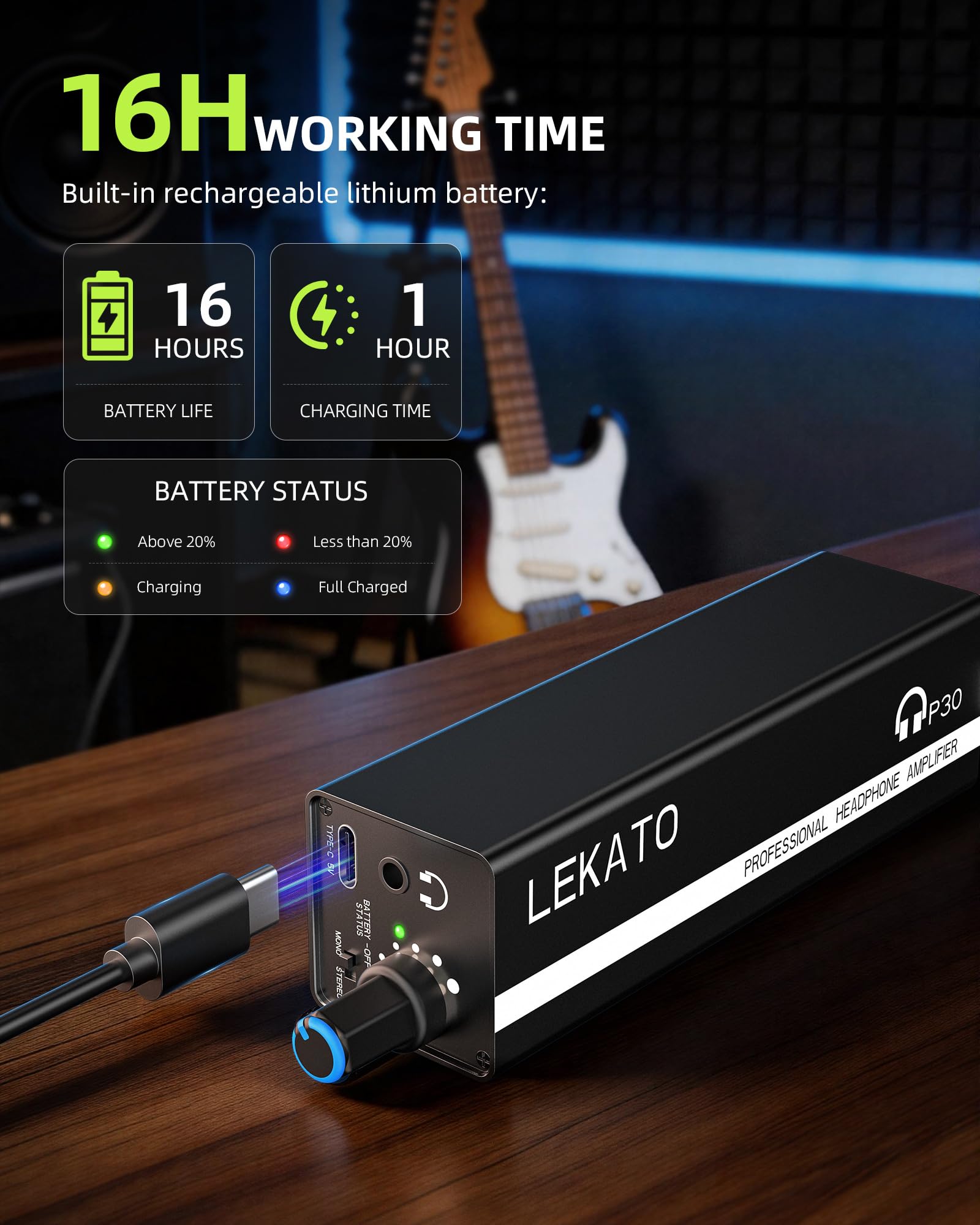 LEKATO Amplificador de Monitor Recargable, Amplificador de Auriculares con Selector Estéreo/Mono, Entrada XLR/TRS, Práctico Clip para Cinturón