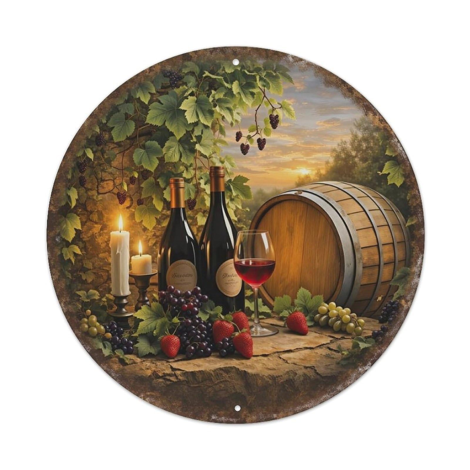 Wine Barrel Grape Vine Sunset Metal Tin Sign