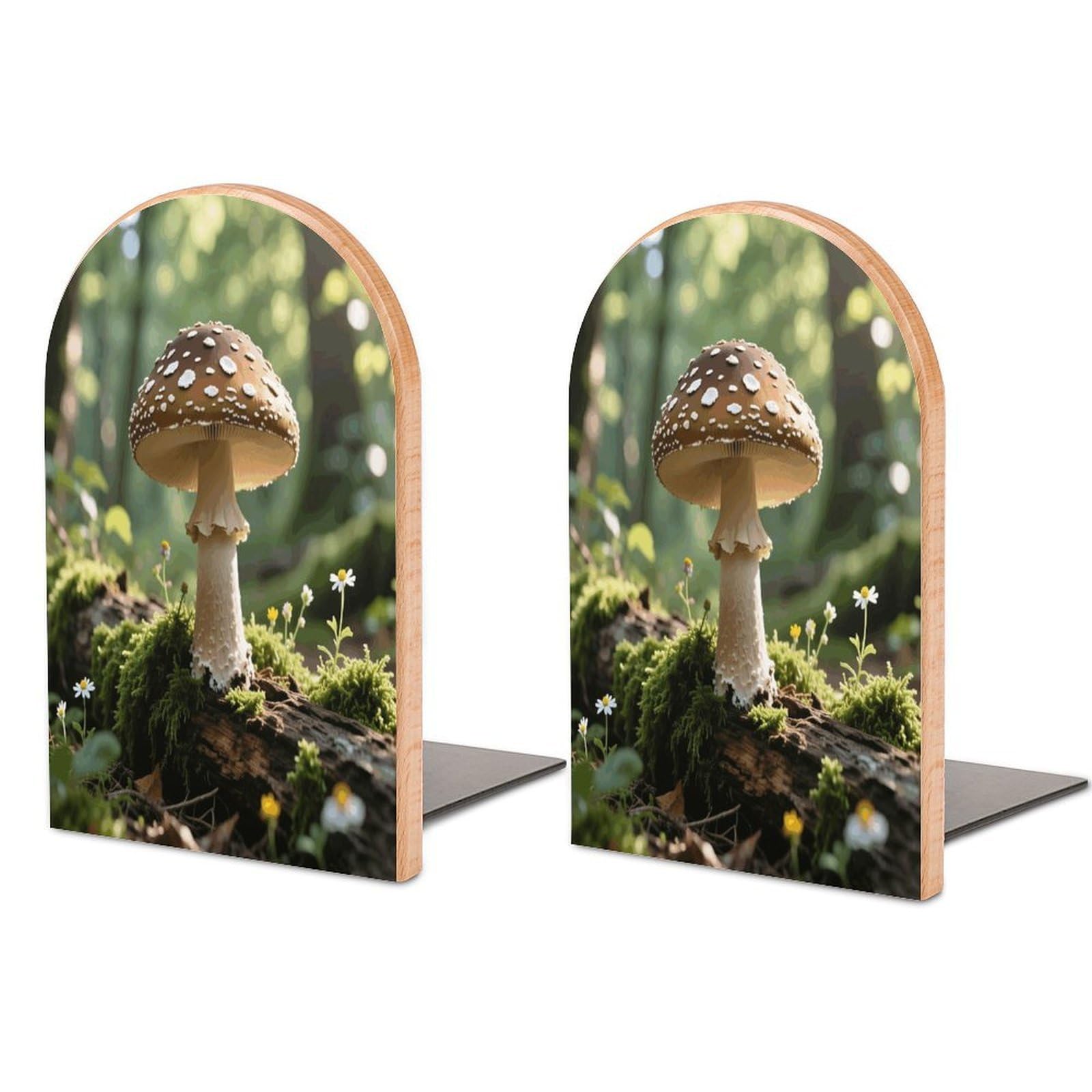 Mushroom Book Ends Wood Non-Skid Bookend for Shelves Heavy Duty Bookends with Metal Base Decorative Books Stopper Desk Organizers Book Dividers for Office Home 1 Pair