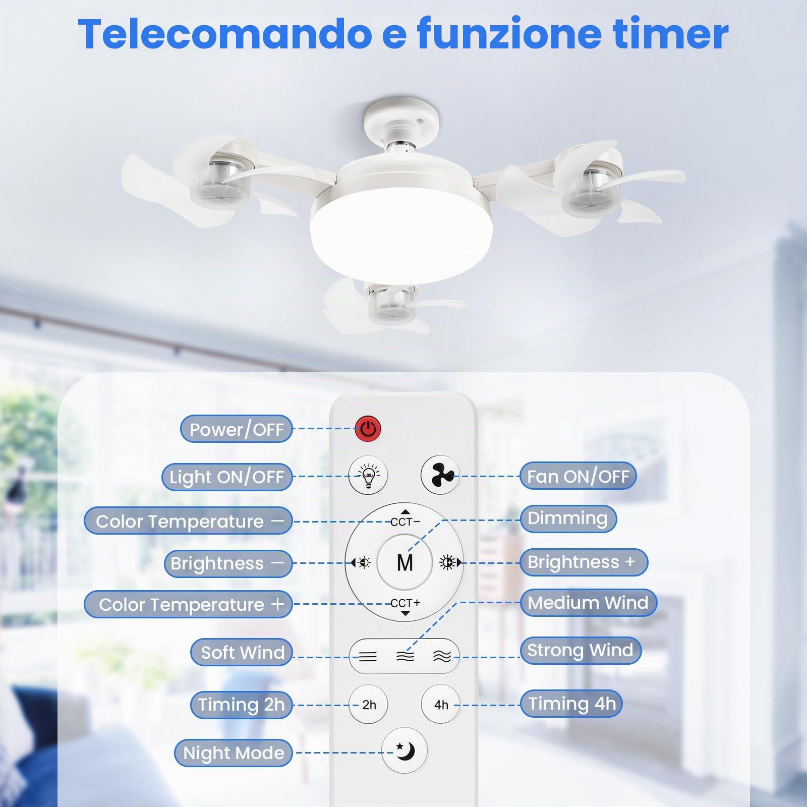 Ventilatore da soffitto a LED con attacco E27+B22, dimmerazione continua, silenzioso, con telecomando, ideale per camera da letto e soggiorno (Drone a 3 teste + adattatore B22)