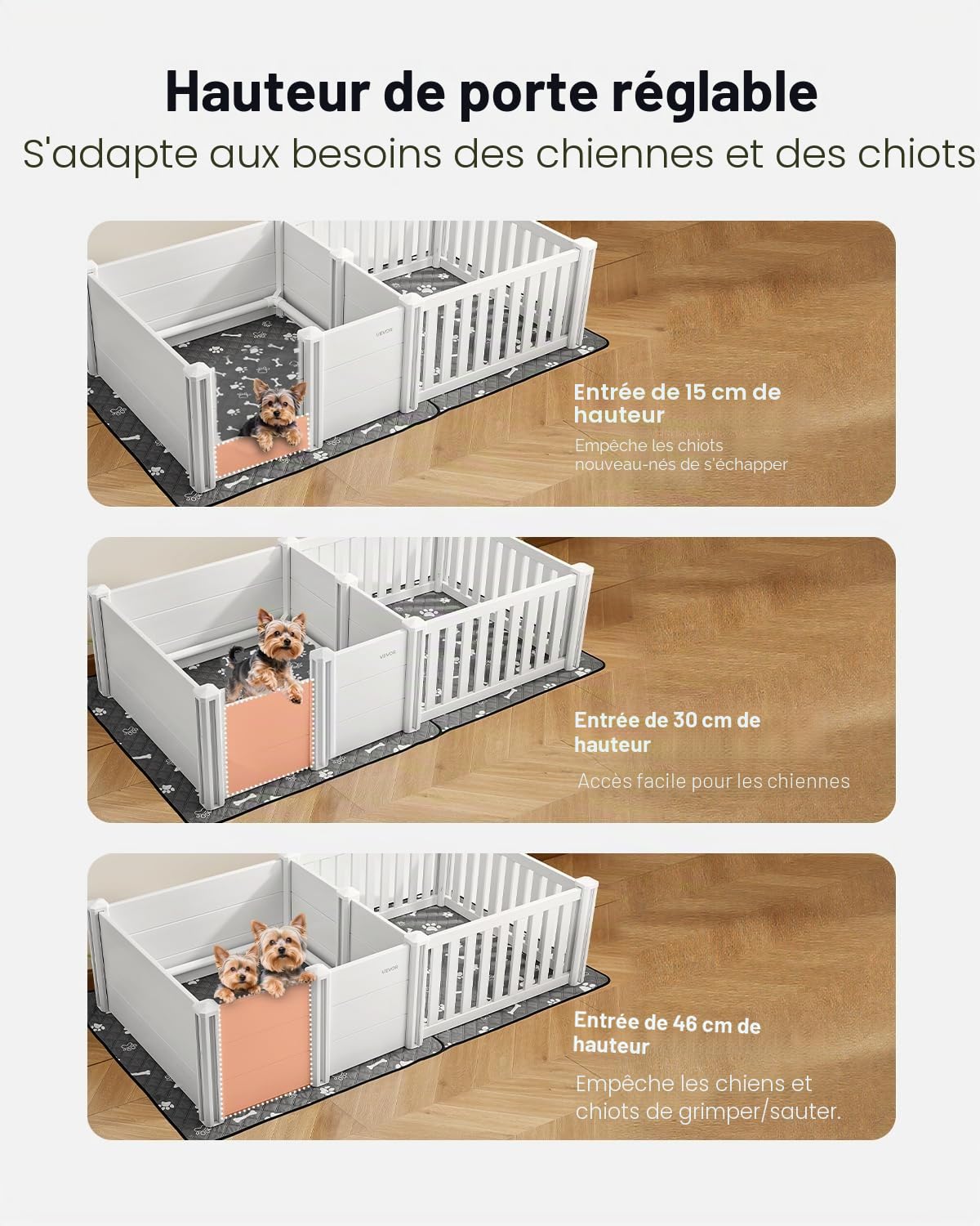 VEVOR Parc de Mise Bas pour Chien, 186,5x97x50 cm, Caisse de Mise Bas pour Chiots, avec Porte Hauteur Réglable, Tapis d'Urine Lavable, Boite de Naissance Plastique PVC pour Chiens de Taille Moyenne