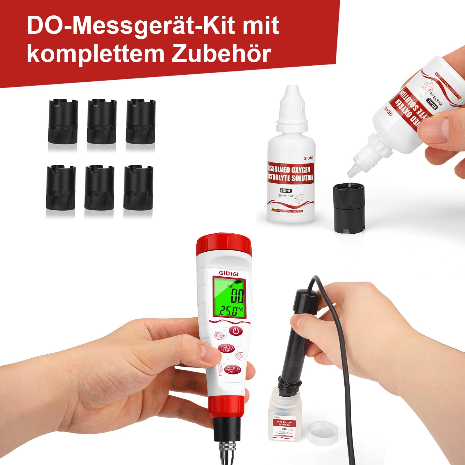 Digitales Messgerät für gelösten Sauerstoff, GIDIGI Intelligenter Tester für gelösten Sauerstoff mit ATC,DO tester mit 9.84ft langem DO Sondenkabel,Testkit für gelösten Sauerstoff für Aquarien,Teiche