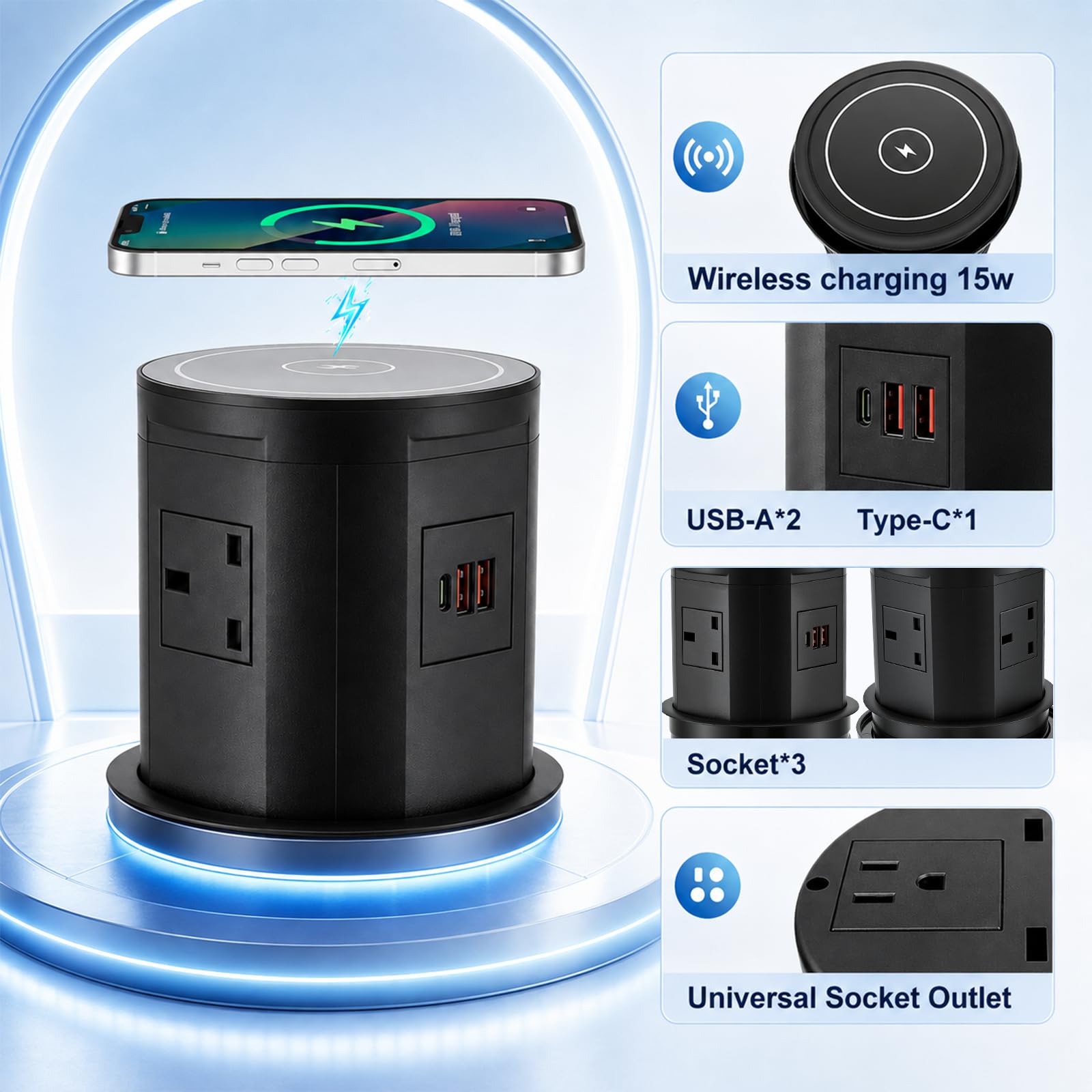 Presa a scomparsa con 2 A + 1 C 4 prese con caricabatterie wireless da 15 W