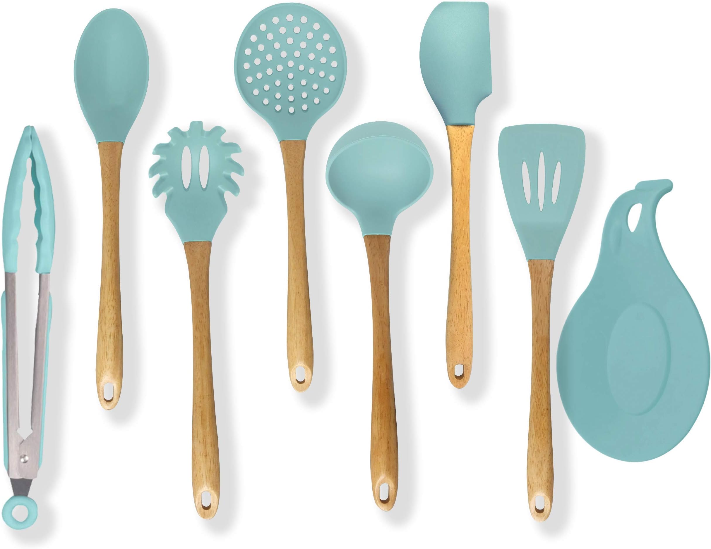 Premium Silicone Cooking Utensils Set, 8 Piece Turquoise Kitchen Utensil - 446°F Heat Resistant, Wooden Handles, Non Toxic Safe Cooking Tools for Non-stick Cookware, Modern Serving Gadgets (BPA Free)