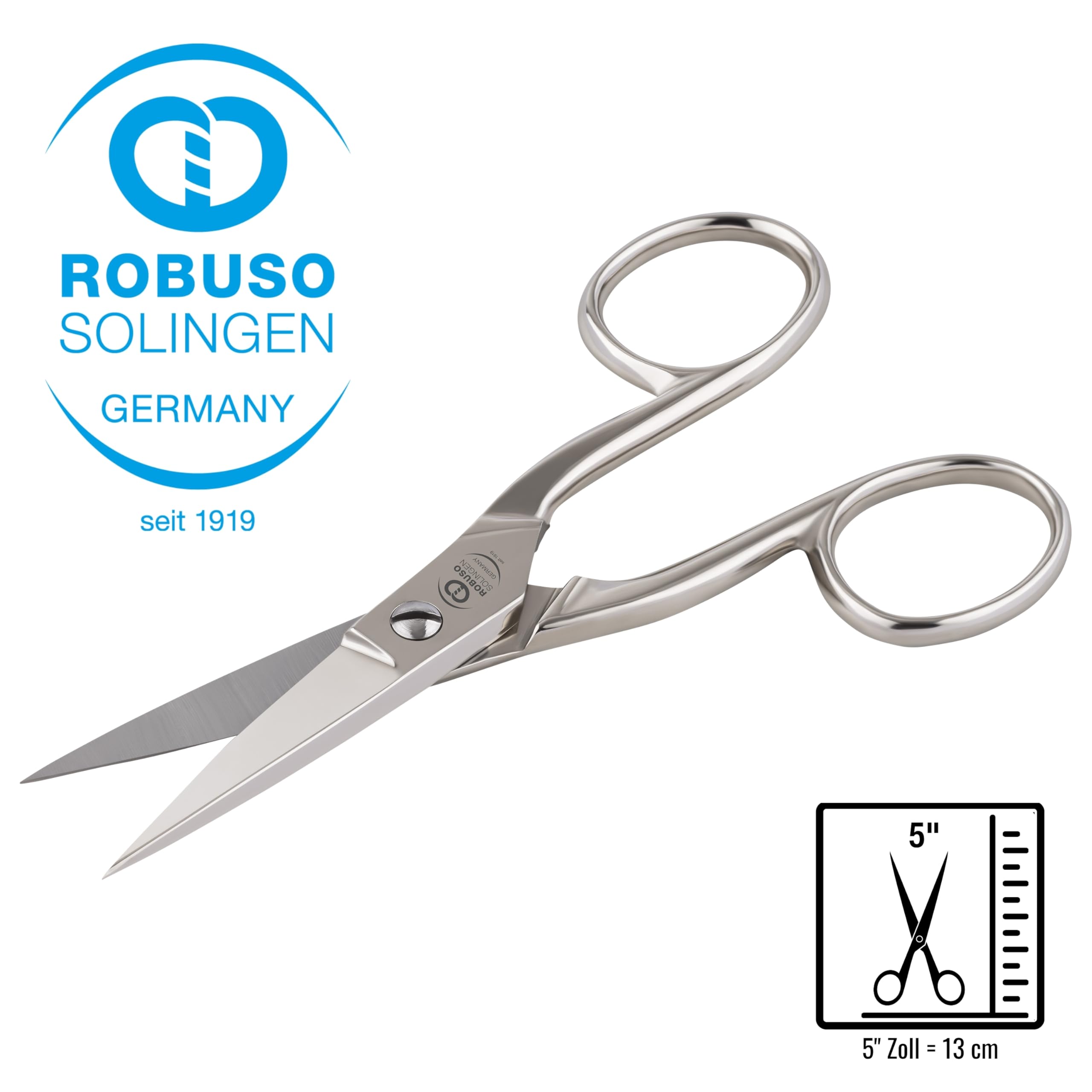 ROBUSO Weberschere | Fadenschere | Made in Solingen | 5" = 13,3 cm | Vernickelt | Stickschere Klein Scharf | Nähschere aus C60 Kohlenstoffstahl