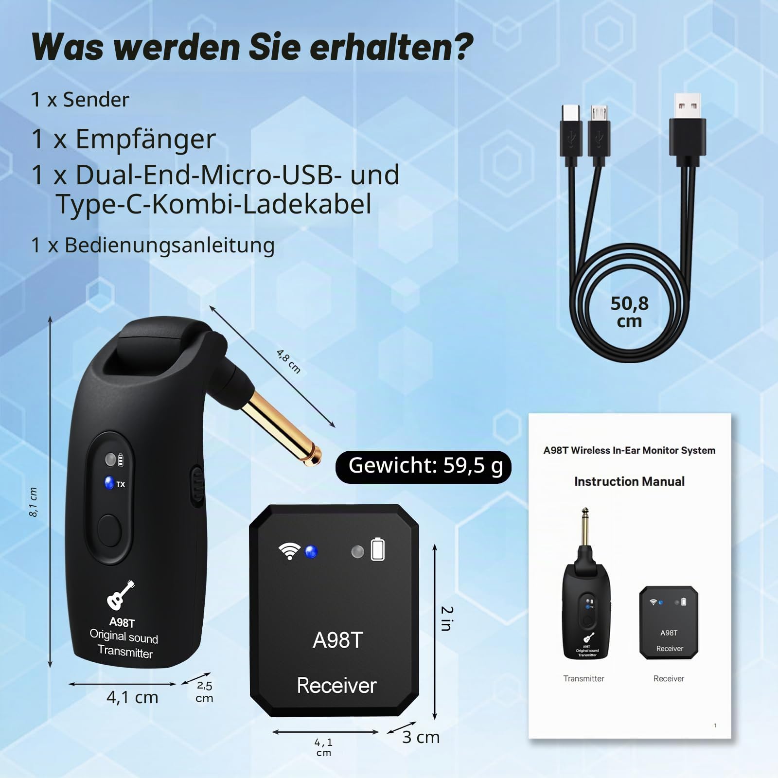 Wireless in Ear Monitor System 2.4GHz Wireless IEM System with Transmitter, Clip on Receiver Auto-Pairing in-Ear Monitoring for Studio, Guitar, DJ, Live Performance