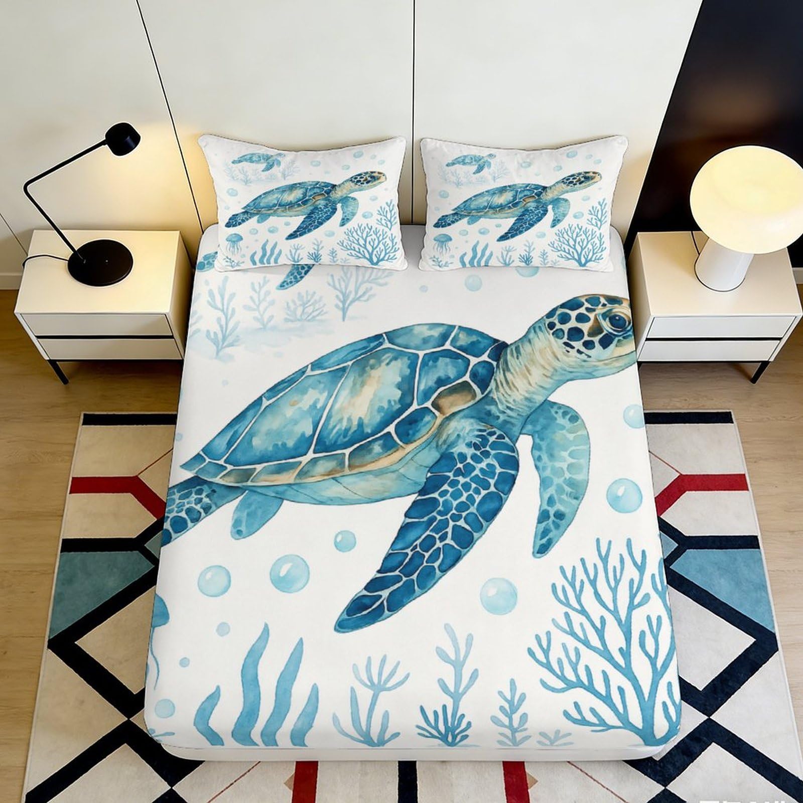 3D Printed Sea Turtle Fitted Sheet Microfiber Soft Breathable Ocean Life Bed Cover with Mattress Protection for Bedroom Dormitory Guest Room 200x200x25cm