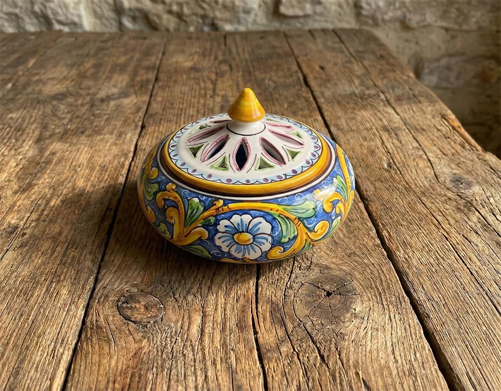 Porta caramelos grande azul y amarillo para decorar mesas de centro elegantes de cerámica