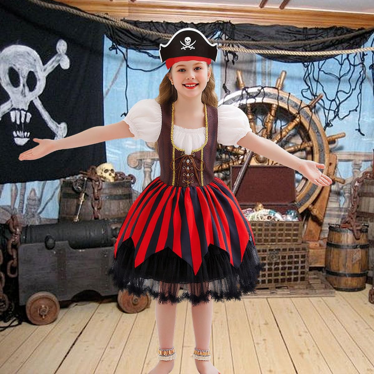 Girls Pirate Costume Kids Halloween Buccaneer Dress Up Cosplay Party Outfits with Accessories