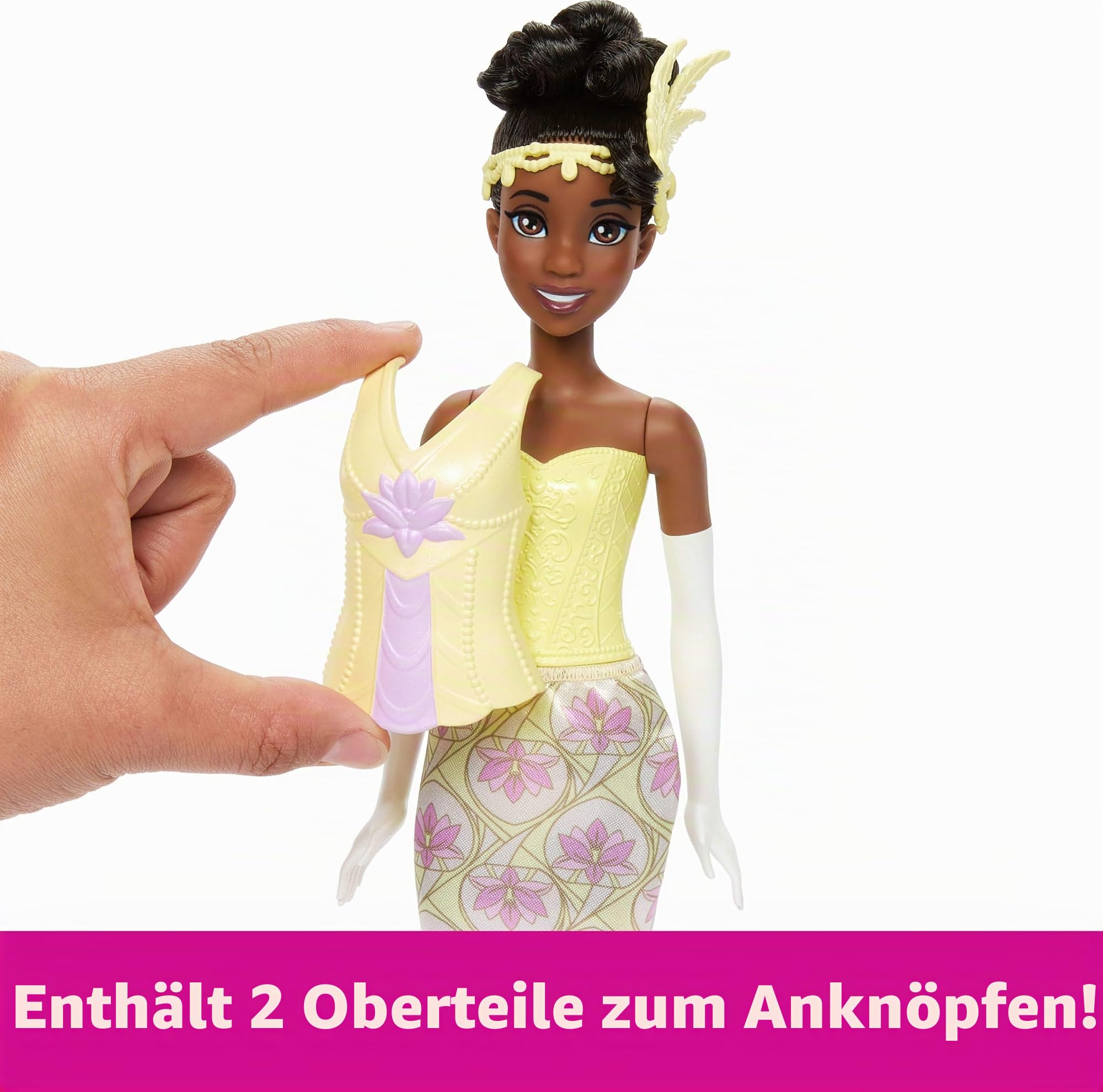 Disney Princess Mattel Toys, Tiana Modepuppe mit 2 Looks, 9 Accessoires, 2 aufsteckbaren Miedern & 2 Röcken, 2-in-1-Geschichten inspiriert vom Disney-Film