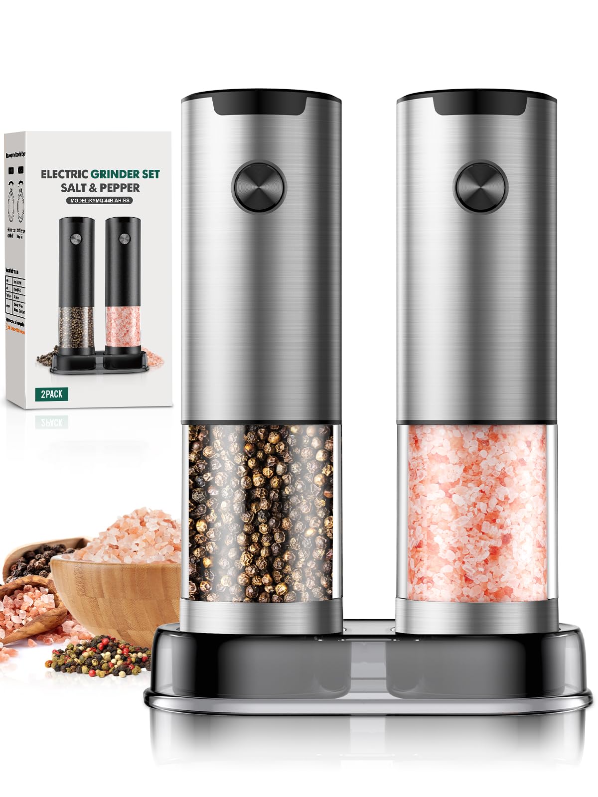 Electric Salt and Pepper Grinder Set Automatic Battery Pepper Mill Shakers Adjustable Coarseness Easy Filling Upgraded Larger Capacity with Led (2 Pack Stainless Steel)