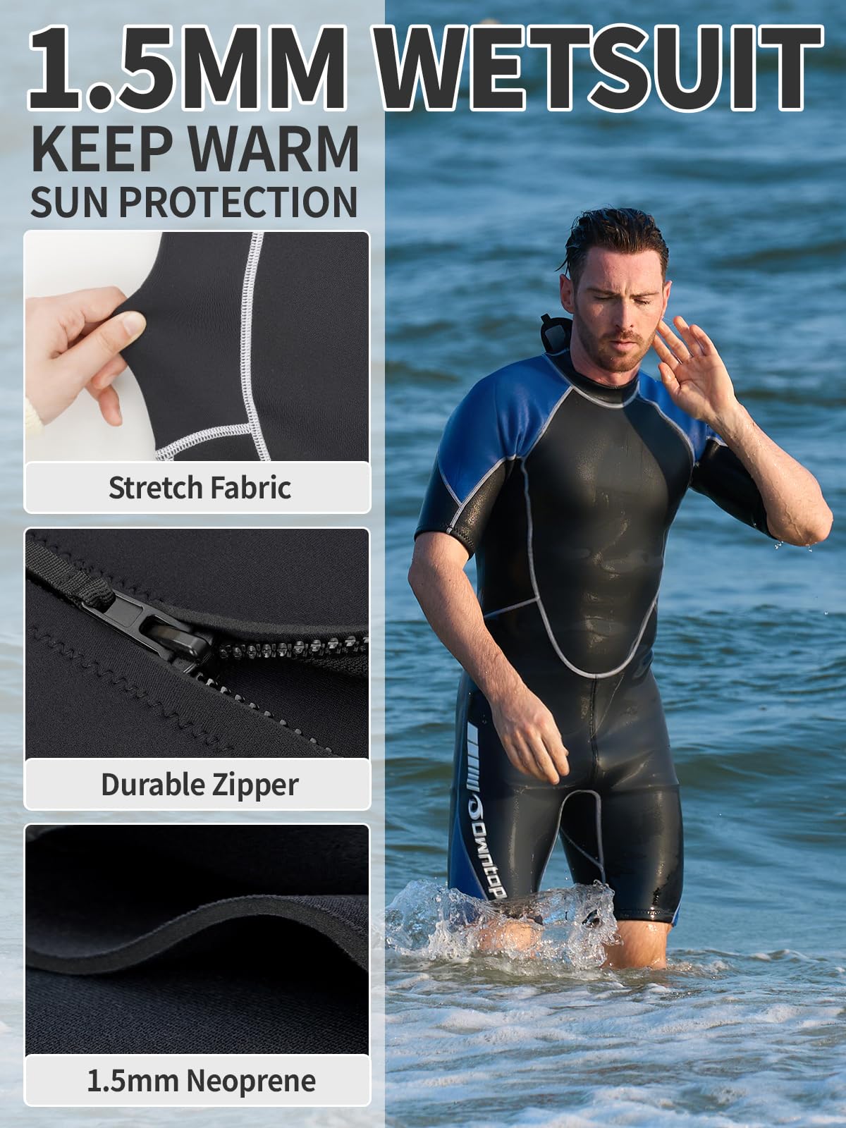 Owntop Shorty - Muta corta in neoprene, 1,5 mm, per immersioni, surf, a maniche corte, in neoprene, per sport acquatici
