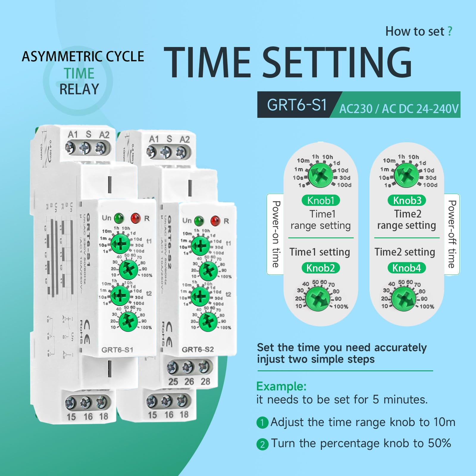 Relè temporizzato ciclico GRT6-S1 AC/DC 24-240V, montaggio su guida DIN, controllo temporale indipendente a doppio canale