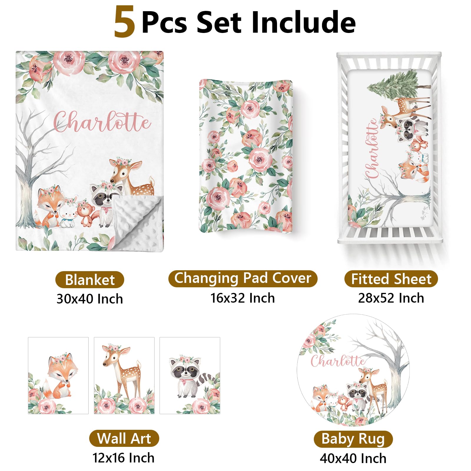 Terwex Personalized Baby Bedding Set - 5 Pcs Custom Name Bedding Crib Set for Girls Boys, Soft Toddler Crib Set for Infant Customized Gifts, Pink Forest Animals