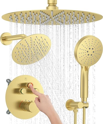 Miniatura 20 de KOJOX - Sistema de ducha negro mate con cabezal de ducha de lluvia de alta presión, cabezal de ducha de mano, mezclador de baño de lujo, juego