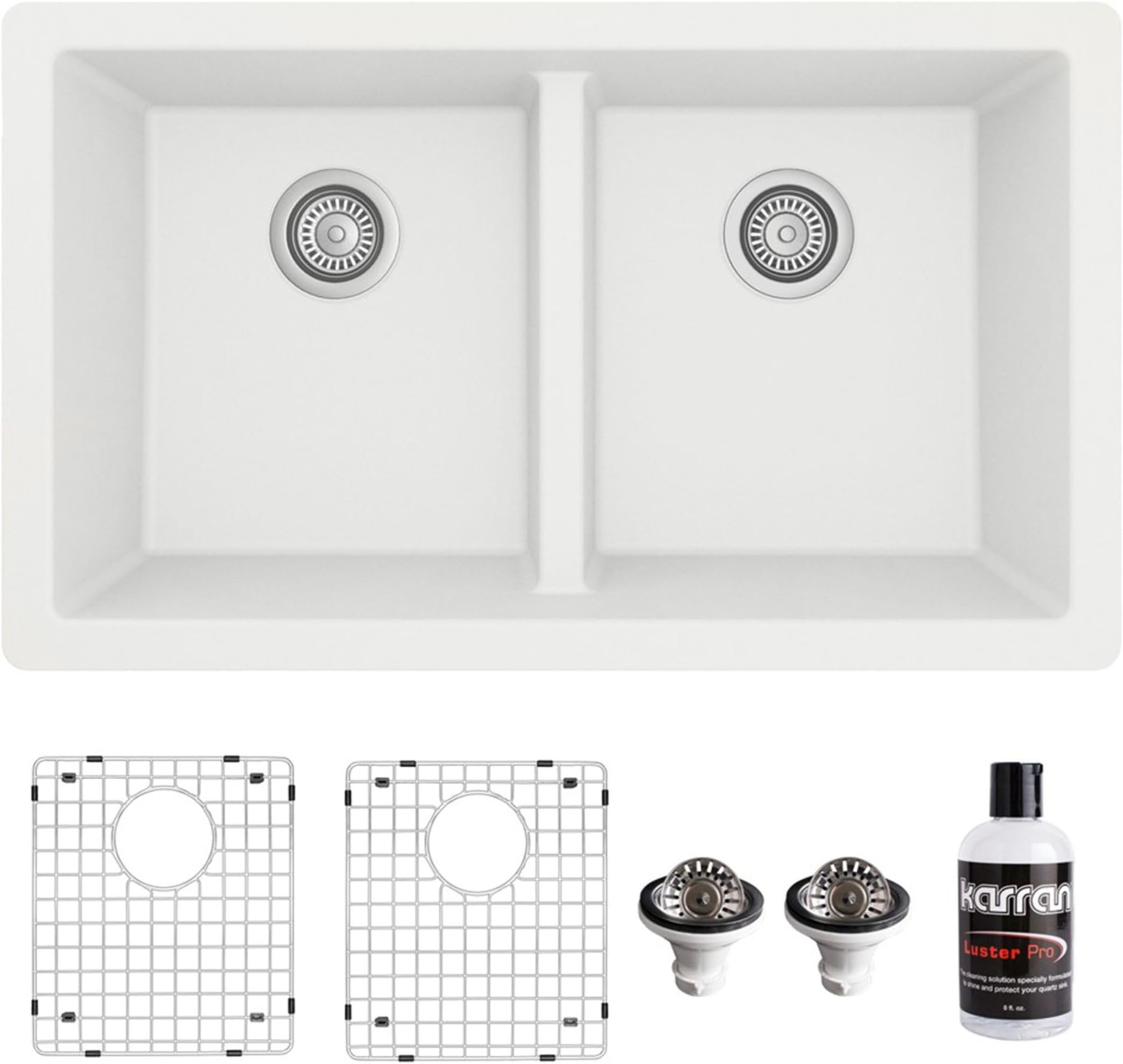 QU-810 32" Undermount Double Bowl Quartz Kitchen Sink Kit, White Composite, Equal Bowls, Scratch Resistant, Heat Safe, Noise Reducing, Includes Grids & Strainers