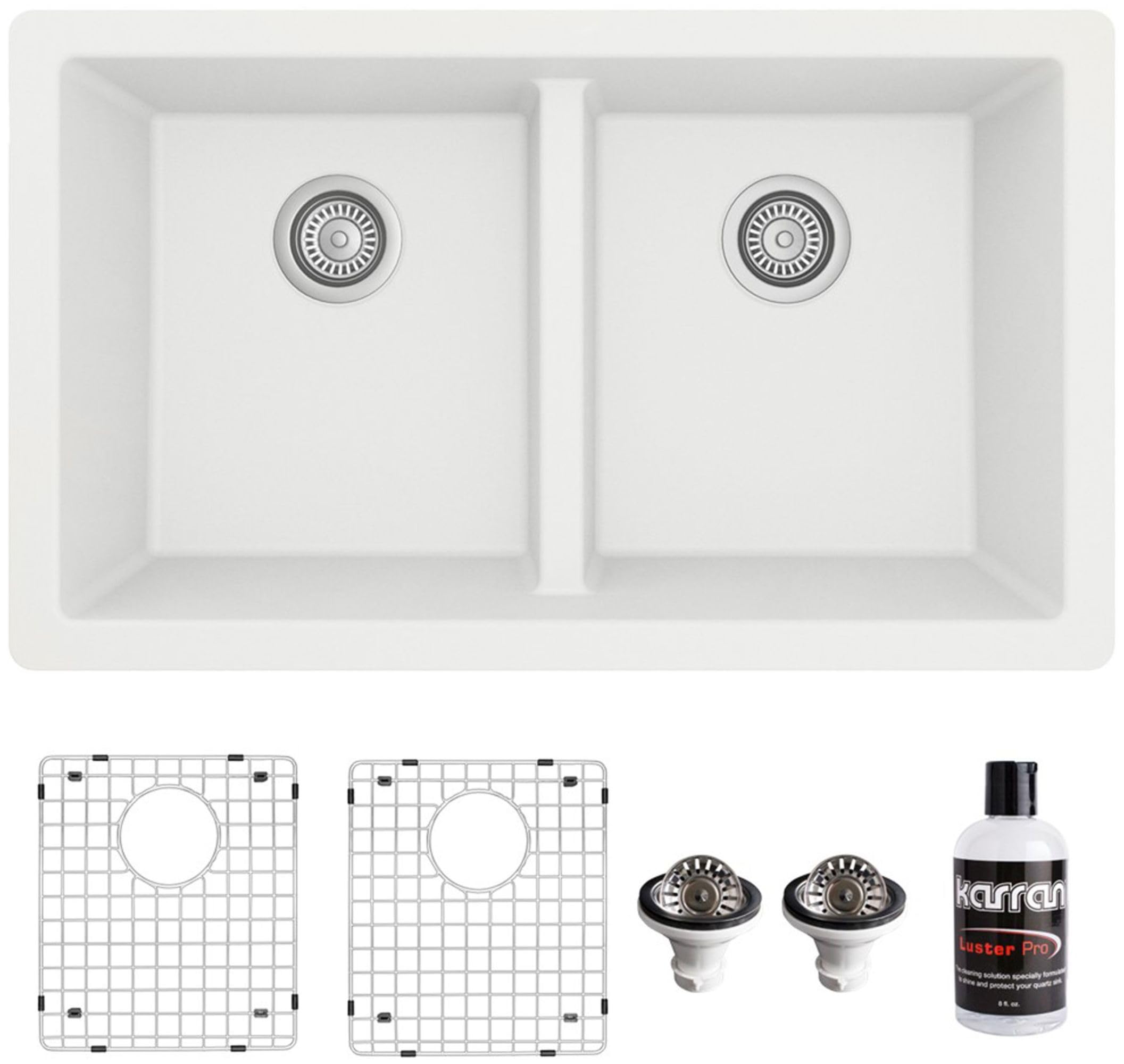 Karran QU-810 32" Undermount Double Bowl Quartz Kitchen Sink Kit, White Composite, Equal Bowls, Scratch Resistant, Heat Safe, Noise Reducing, Includes Grids & Strainers