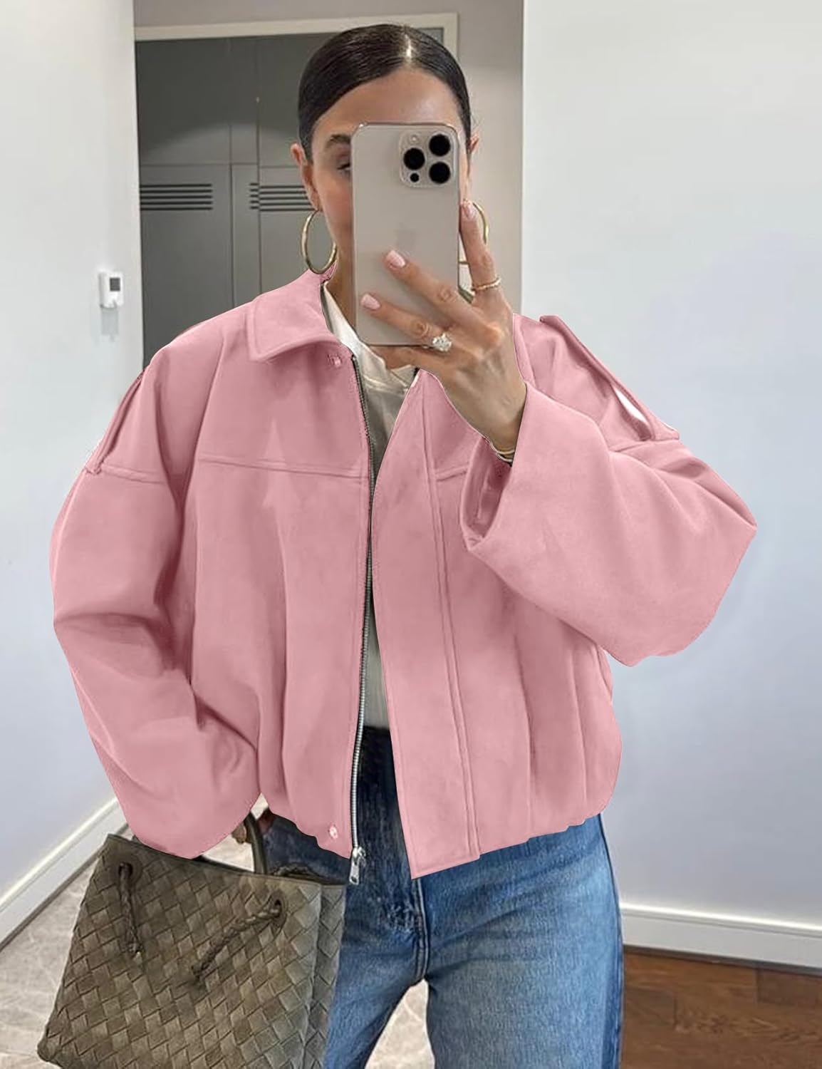 Kissonic Women's Oversized Jackets Faux Suede Bomber Jacket Lapel Pilot Cropped Casual Coat for Streetwear Outerwear - Image 2