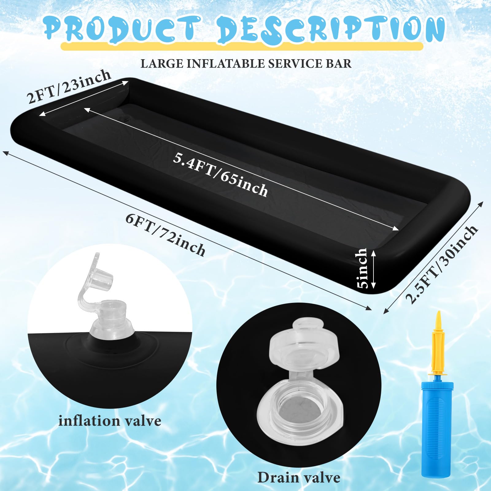 Halloscume Barra inflable grande de 72 x 30 x 5 pulgadas, barra inflable para servir hielo, buffet, bandeja de servir ensalada con tapón de drenaje para piscina, fiesta al aire libre, picnic (negro, 1