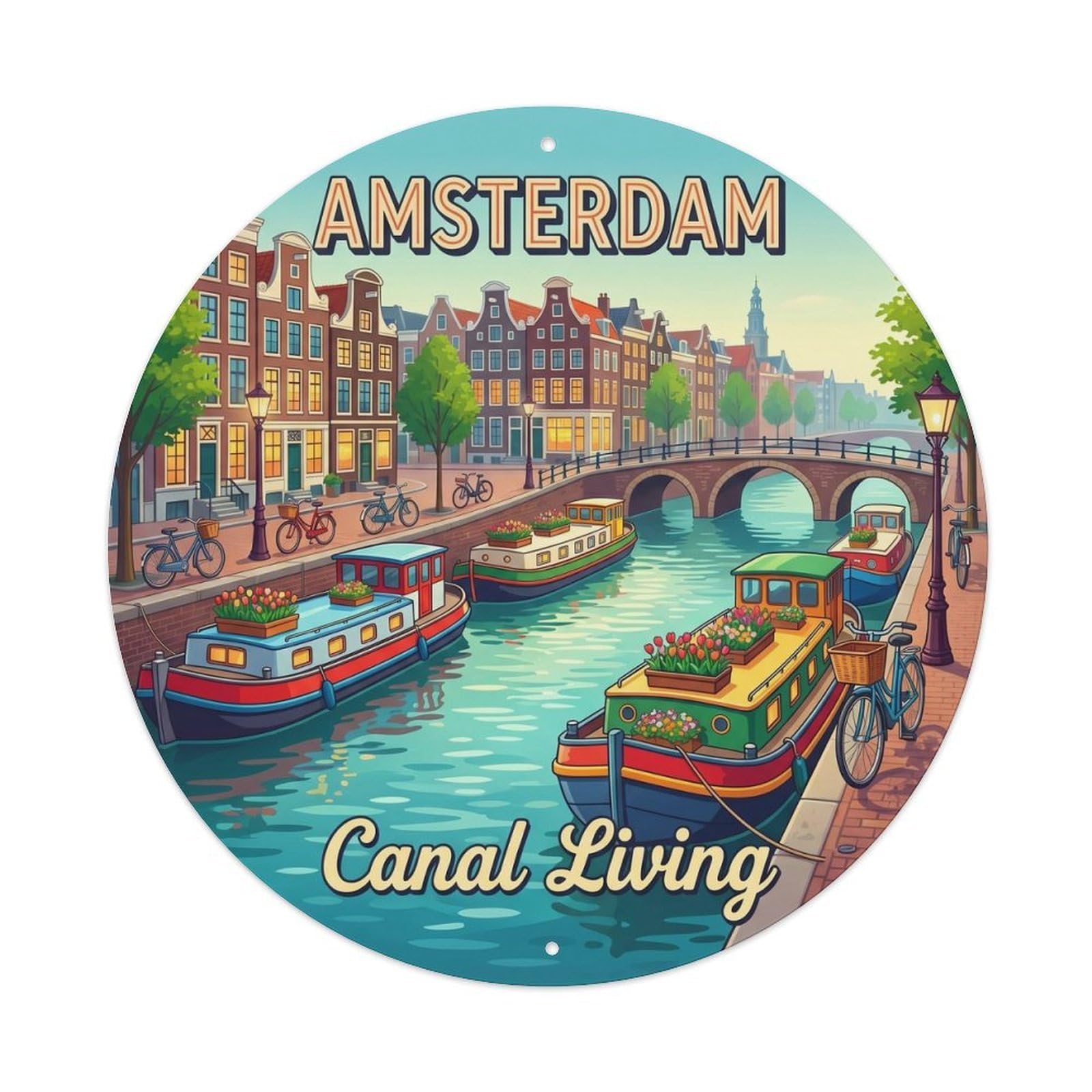 Vintage Travel Amsterdam Canal Boats 1 Metal Tin Sign Plaque Wall Decor for Cafe, Club, Garden Round Metal Poster 8x8Inch