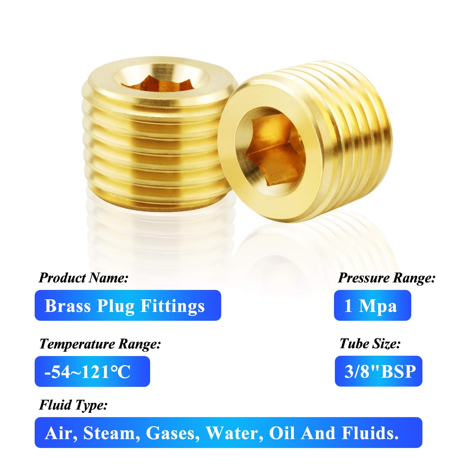 TAILONZ PNEUMATIC Brass Pipe Fitting, Hex Counter Sunk Plug, 3/8 Inch BSP Male Pipe - (Pack of 5), Yellow, 3/8" - Image 4