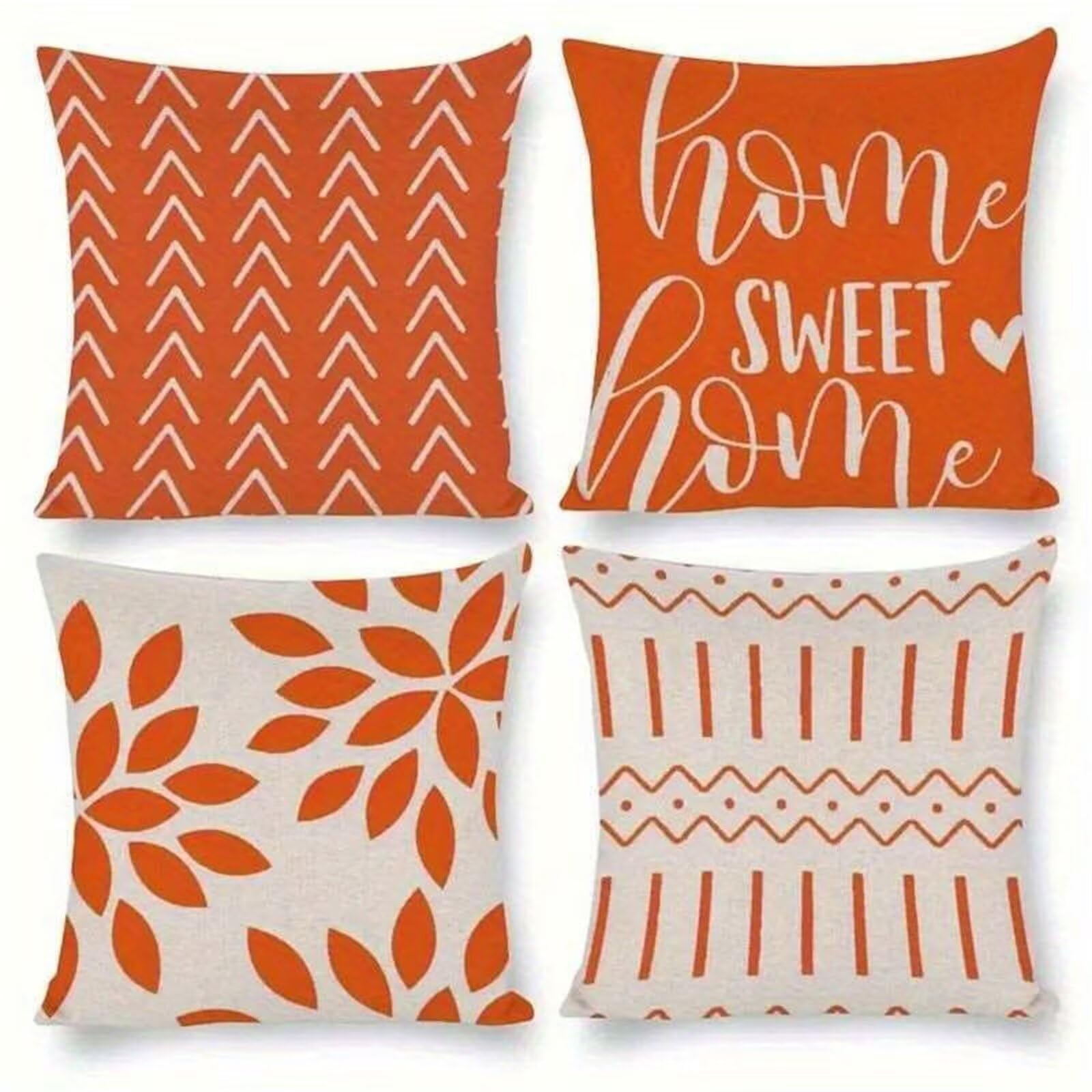 QiHon Cushion Covers 55x55 cm Set of 4 Orange Stripes Linen Square Pillow Cases 22x22 inch Modern Decorative Throw Pillow Covers for Sofa Couch Bedroom Home Office with Invisible Zipper