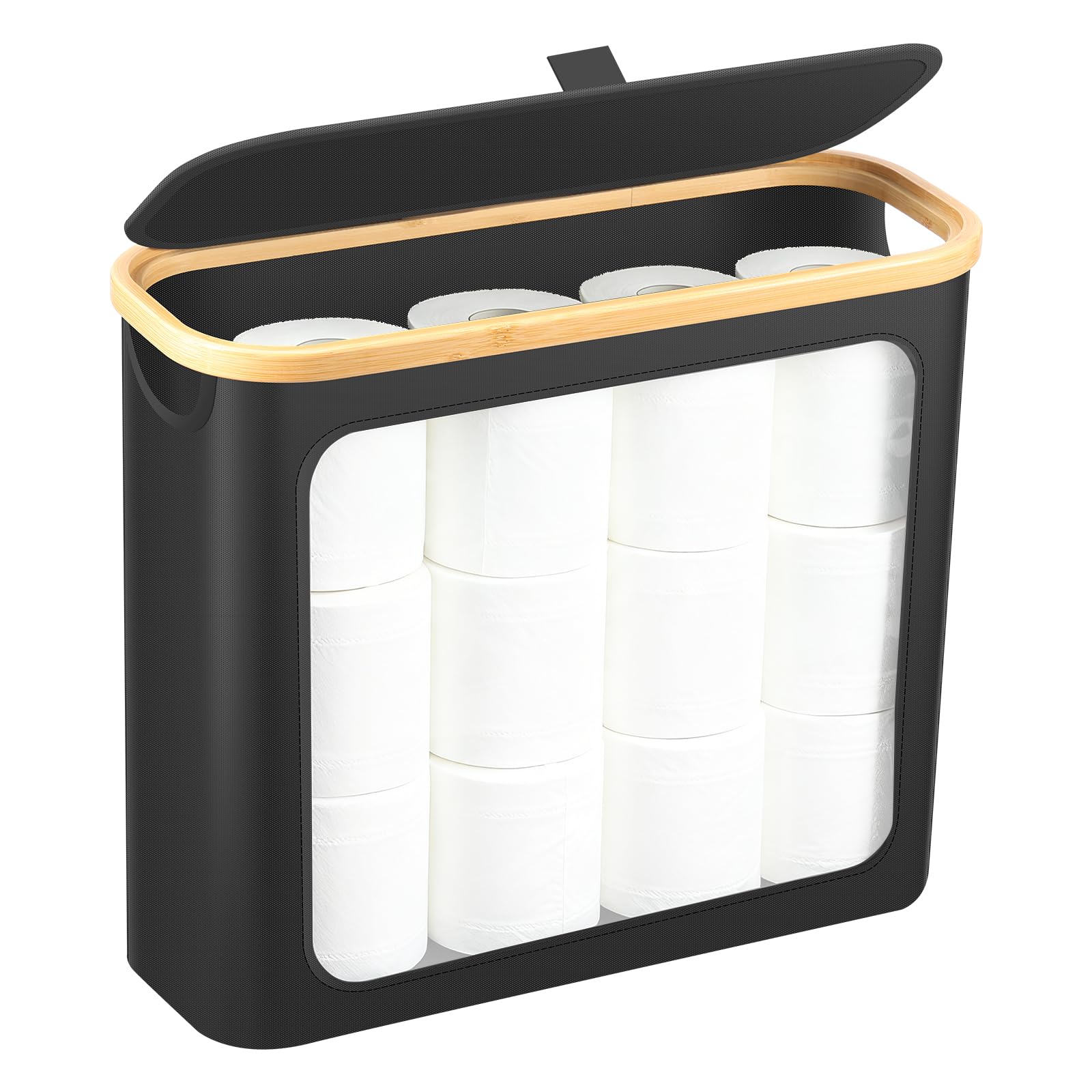 Toilet Paper Storage with Clear Side Window 43 x 17 x 35cm Large Capacity Toilet Paper Basket Holds up to 12 Roll Toilet Paper Lightweight Foldable Toilet Paper Organizer Basket for Bathroom (Black I)