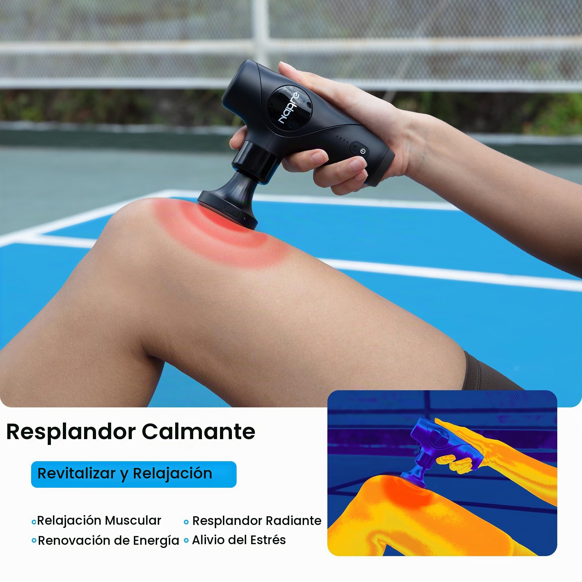 Pistola de Masaje Muscular Calor y Luz roja,NAPRE Mini Pistola Masaje Massage Gun con Mango Desmontable,5 Cabezales,Silencioso,Pistola Masajeadora Muscular Cervical y Espalda–Regalo Para Hombre,Mujer