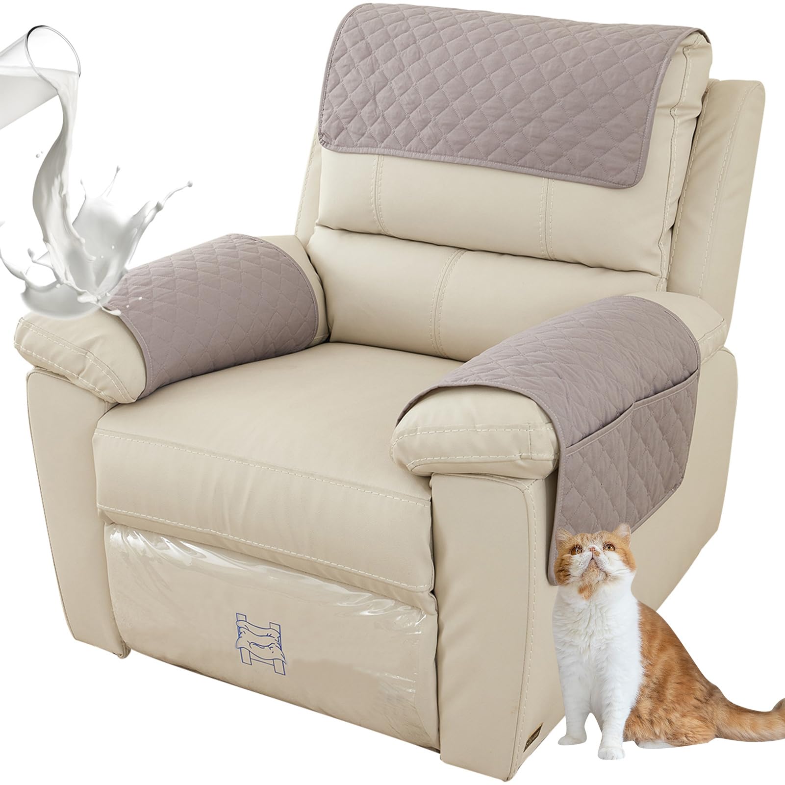 ZGDDPZA Armchair Arm Cover,Headrest Cover for Recliner Sofa Quilted Chair Arm Cover with Pockets Waterproof Non Slip Sofa Protectors Pet Dog (Light Gray,1 Seater 3pcs)