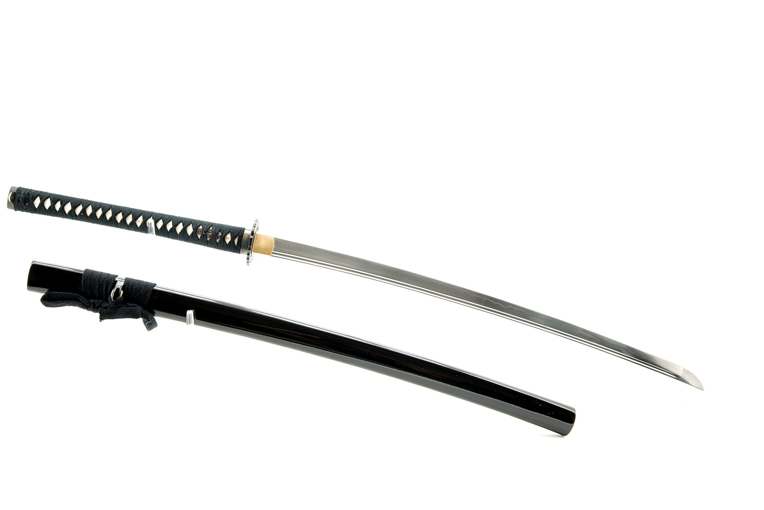 Handmade Sword - Functional Long Handle Samurai Katana Sword, Sharp 1080 Carbon Steel Blade, Heat Termpered, Full Tang, Crane Tsuba, Black Scabbard, Certificate