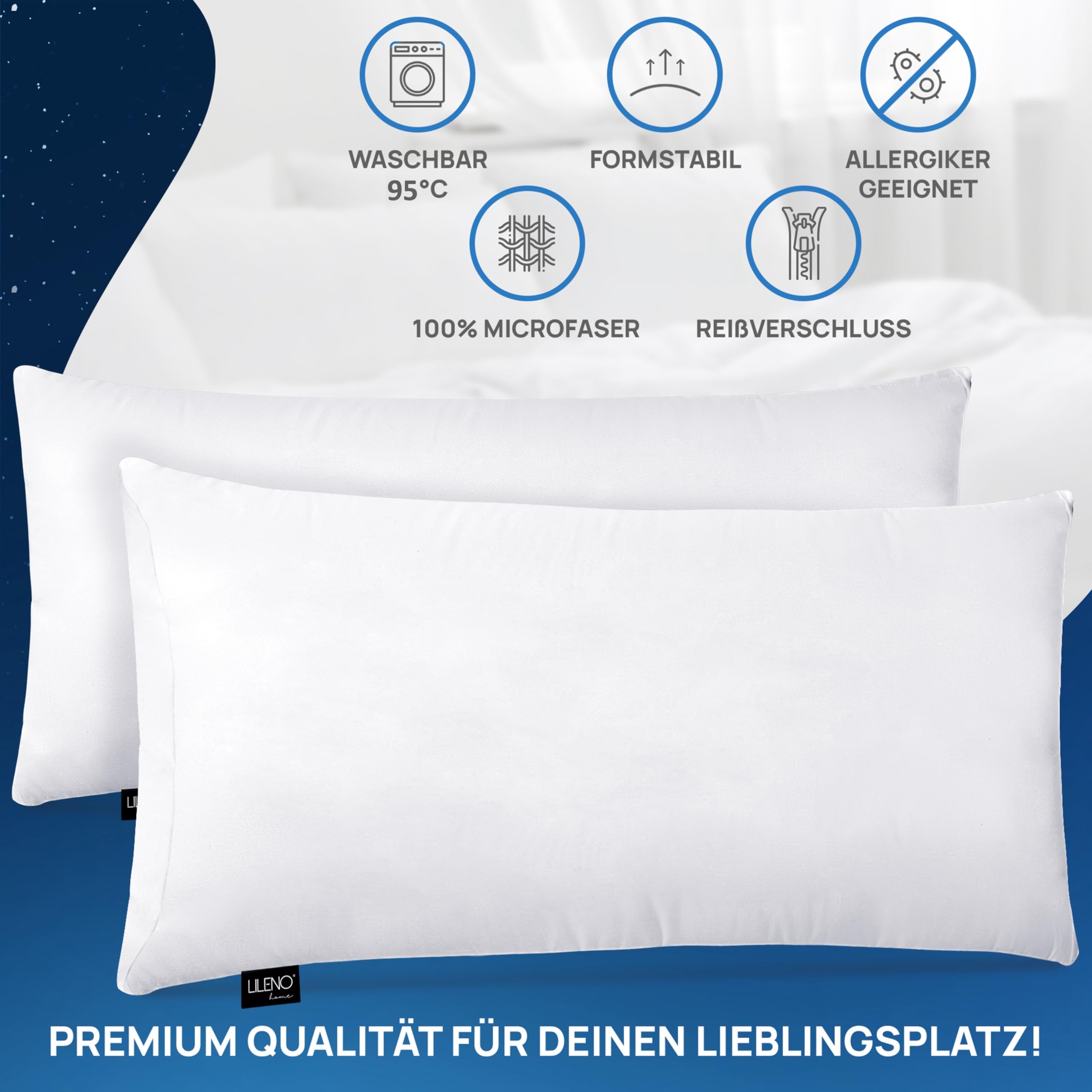 LILENO HOME Kopfkissen 40x80 cm [1er Set] - gestepptes Kissen für Bett und als Dekokissen - Mit