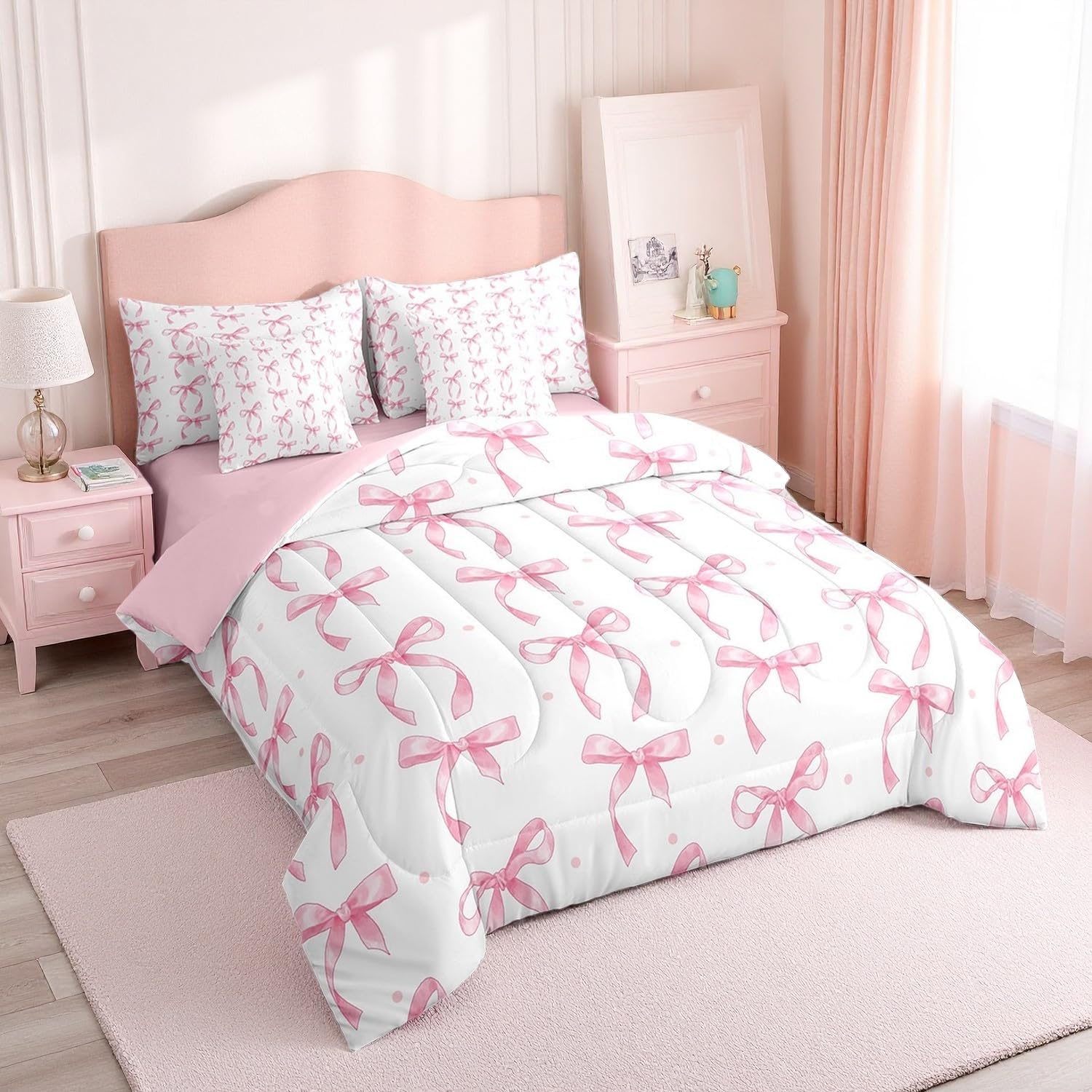 Erosebridal Cute Pink Bow Comforter Set Twin Bed in a Bag,Bowknot Princess Bedding Set for Girls Kids,Ribbon Pink Bow Knot Bed Set 7 Piece with Fitted+Flat Sheet,Pillowcases,Throw Pillow Covers