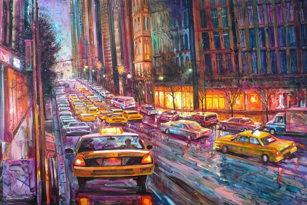Amazon.com: Night Streets New York City NYC Traffic Taxis Cool Wall Art ...