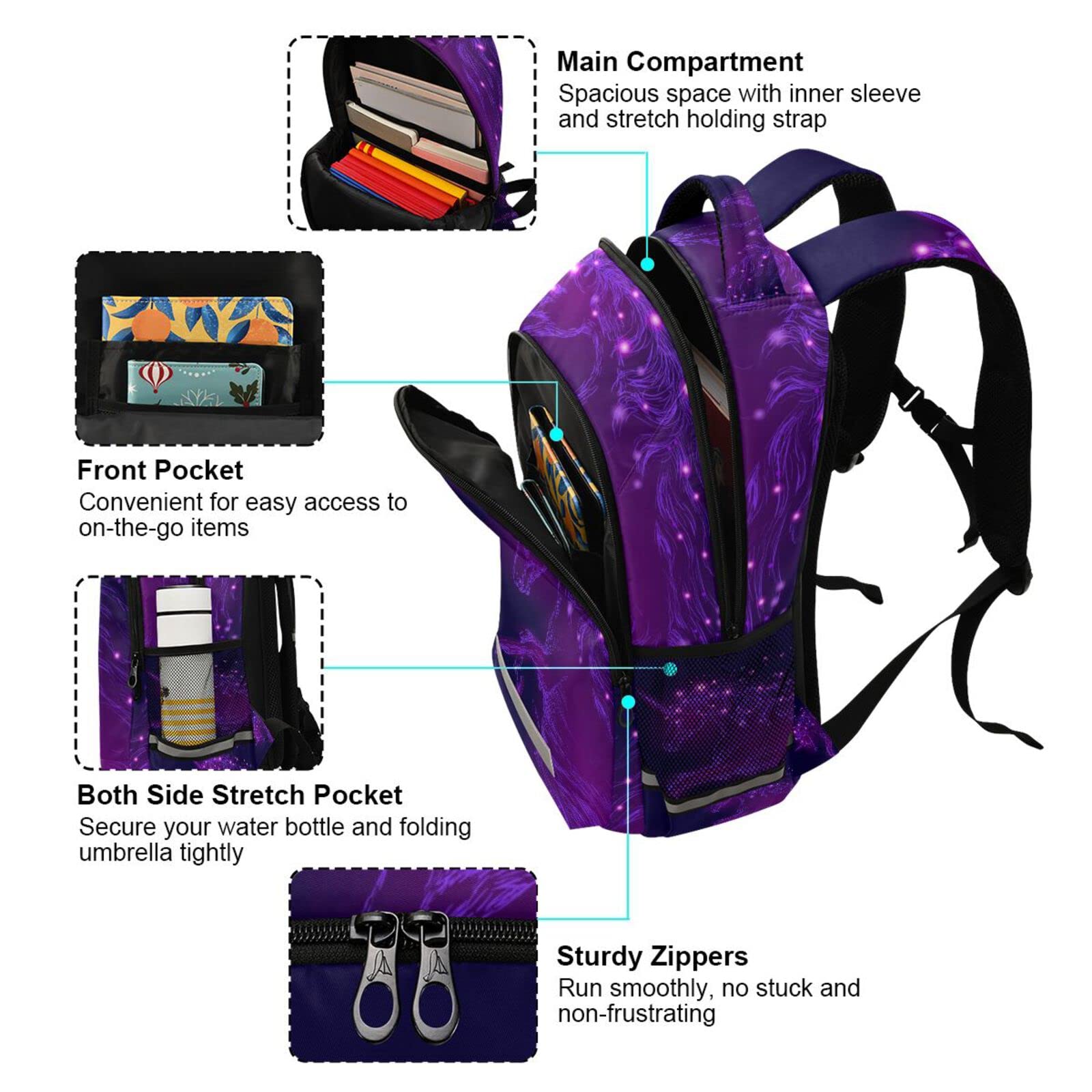 Mnrsuu Mochila con diseño de unicornio y galaxia de caballo morado para niños y niñas, mochila de viaje para laptop, A072