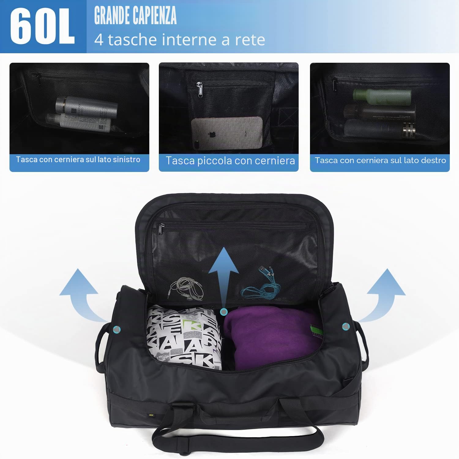 MIER Borsa sportiva da uomo, resistente all'acqua, grande zaino sportivo convertibile, con spallacci e scomparto per scarpe, per palestra, sport, viaggi, borsetta, 60 l/90 l, Nero , 60L, Borse da